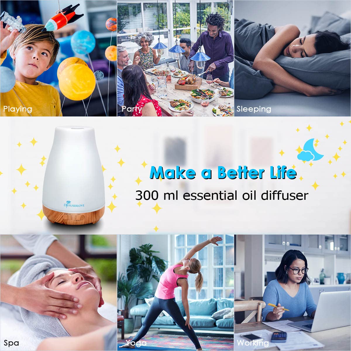 300ml diffuser remote control essential oil diffuser ultrasonic humidifier with 7 color LED, timer setting, auto-off