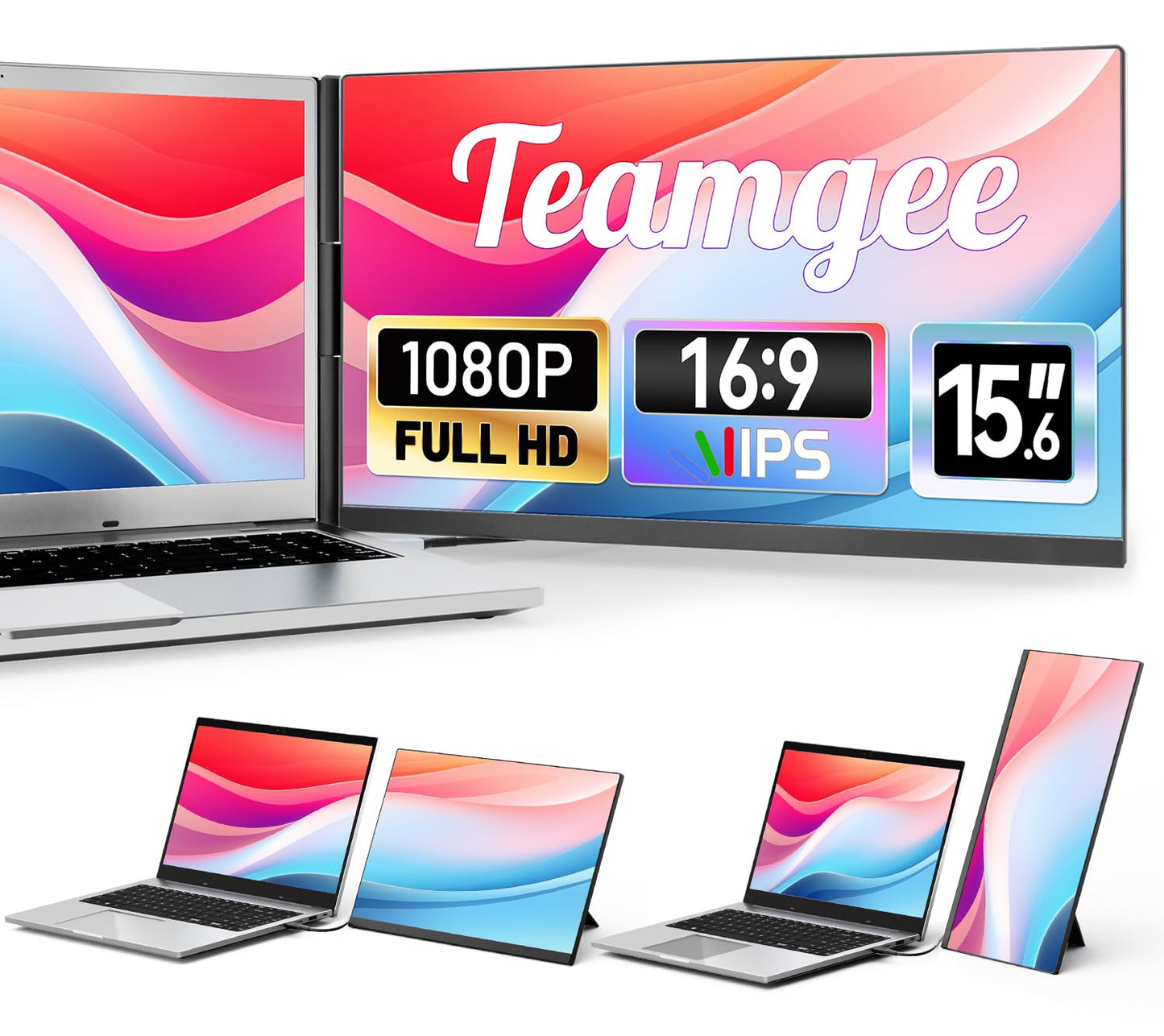 Teamgee Laptop Monitor Extension 15.6, 1080P FHD IPS Portable Monitor compatible with 13"-17" laptops, Slim Bezel-Less Screen Extender with detachable stand, Plug and Play for Mac, Windows.