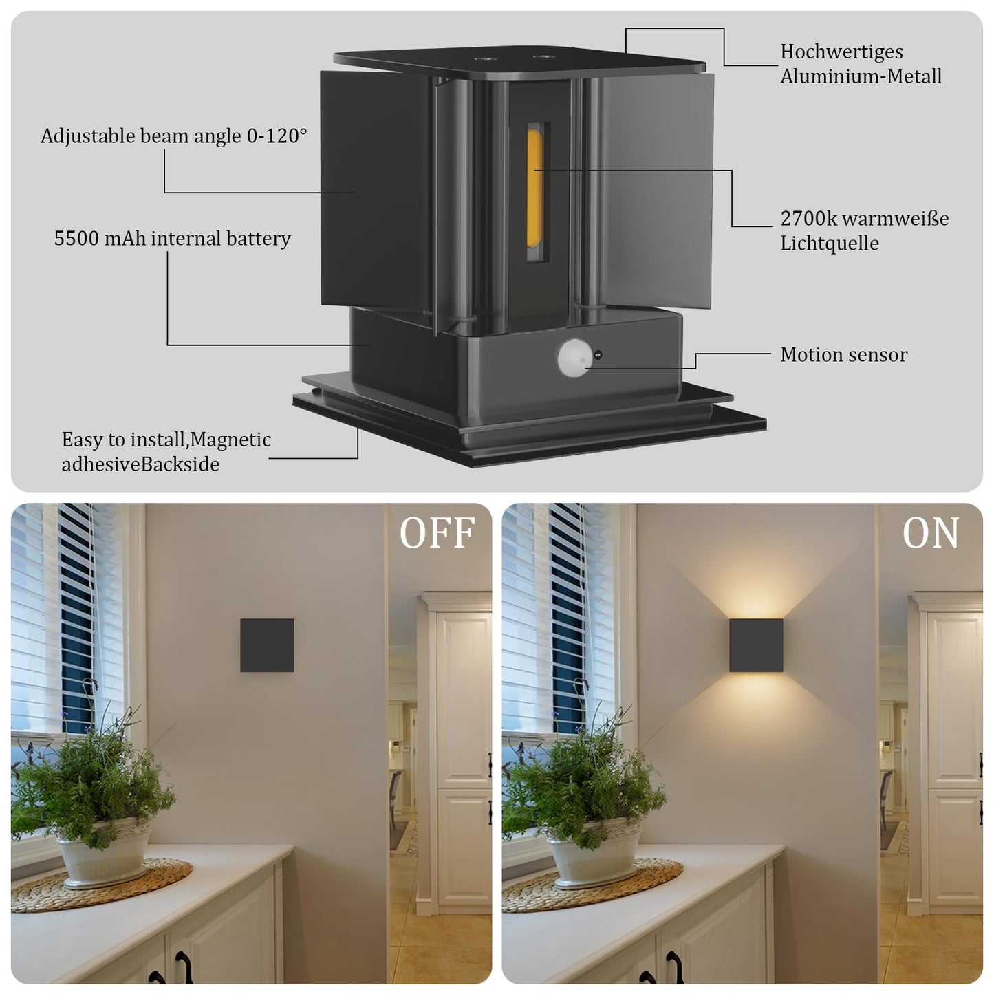 Aipsun 2 Pack Wireless Battery Wall Light with Motion Sensor, 5500mAh Wall Light Up and Down Indoor LED Wall Light, 5W, Aluminum, 3000K Warm White, Suitable for Hallways and Stairs (Anthracite)