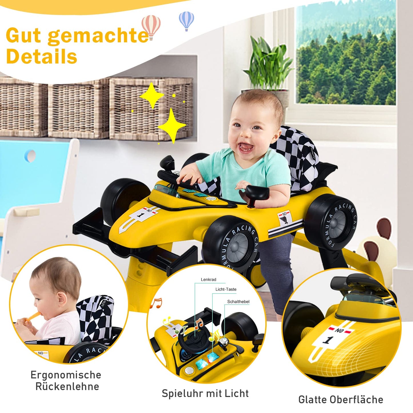 COSTWAY 4 in 1 baby walker, foldable with adjustable height & speed, car-shaped design with music box, lights & wheels, suitable for babies from 6 months, can hold up to 12kg weight (yellow)