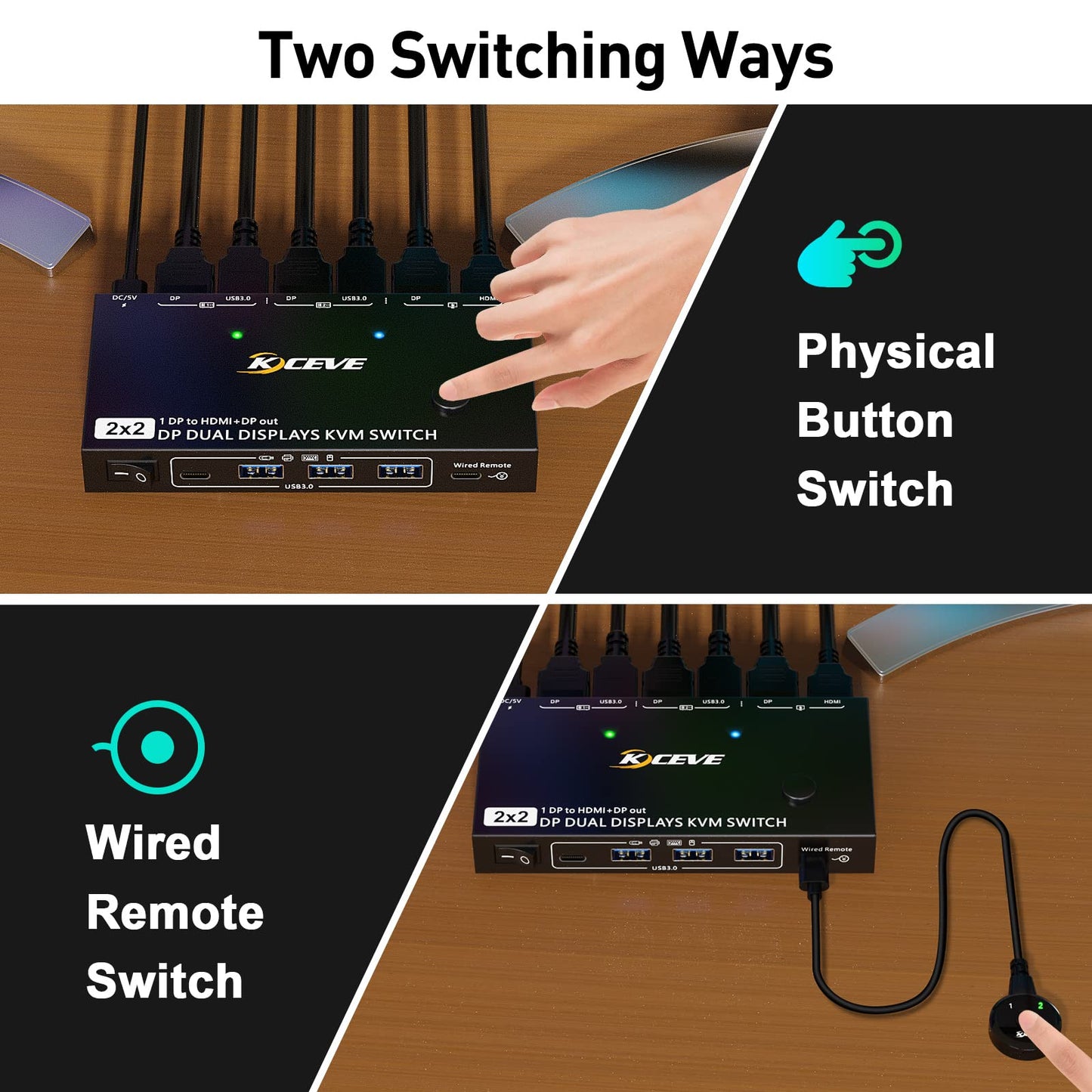 Dual Monitor DP KVM Switch, MST 2 In 2 Out DisplayPort USB3.0 KVM Switch Supports Extend and Mirror Modes, HDMI and DP monitor output for 2 computers, share 2 monitors.