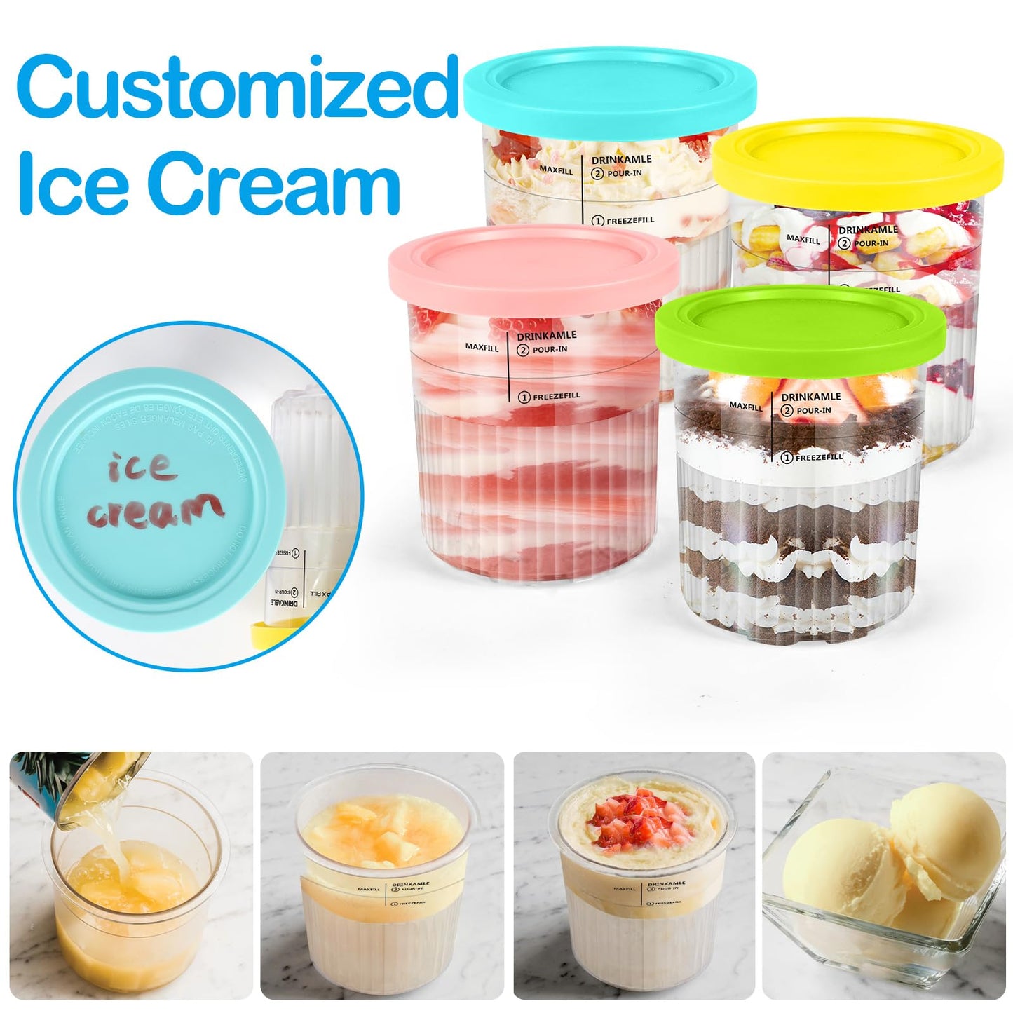 Apritsce Creami Deluxe containers for Ninja ice cream maker, 4 pieces of ice cream containers for Ninja NC500EU, Creami Creami Deluxe accessories with lids and spoons, dishwasher safe for Ninja ice cream containers.