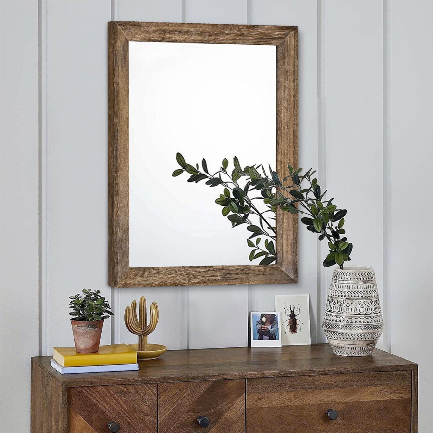 AAZZKANG Rustic Wood Mirror Rectangular Decorative Large Wall Mirror 50x40cm with Frame Bedroom Living Room Bathroom Hanging Mirror Brown