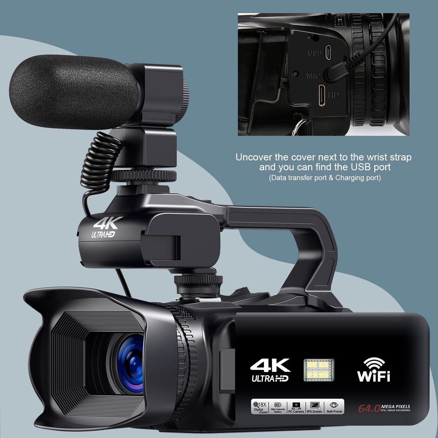 4K video camera camcorder 60FPS 64MP 18X digital zoom auto focus vlogging camera for YouTube, 4.0" touch screen HD WiFi video camera with 4500mAh battery, 64G SD card, stabilizer, microphone, and remote.
