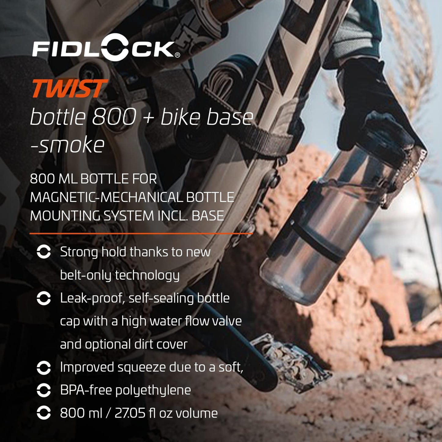Fidlock Twist Bottle 800 Ml + Bike Base Grey - Innovative magnetic bike bottle incl. 800 ml size - Color Transparent