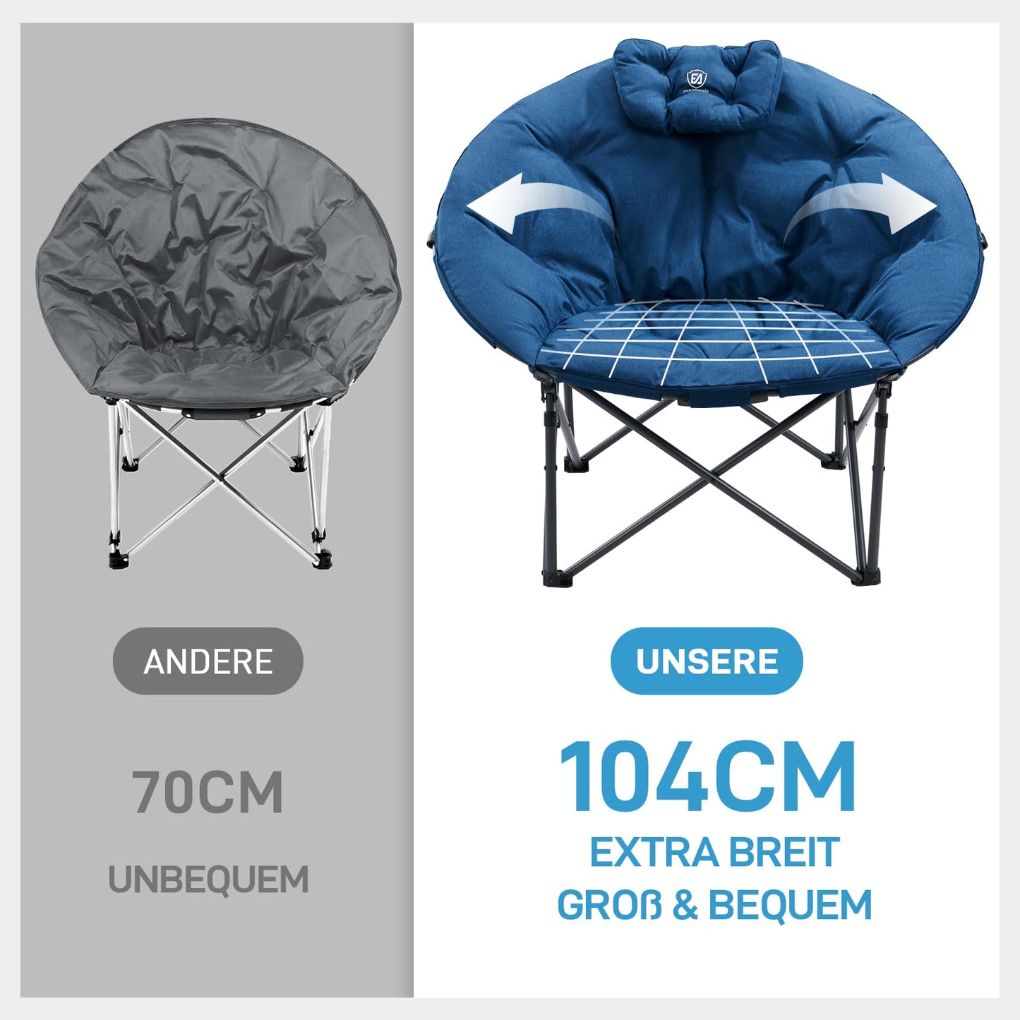 EVER ADVANCED Luxury Camping Chair Foldable Moon Chair Oversized 150KG Round Folding Chair Thickly Padded, Oversized Folding Chair High Back with Cushion, Extra Wide for Outdoor Garden Balcony Indoor, Blue