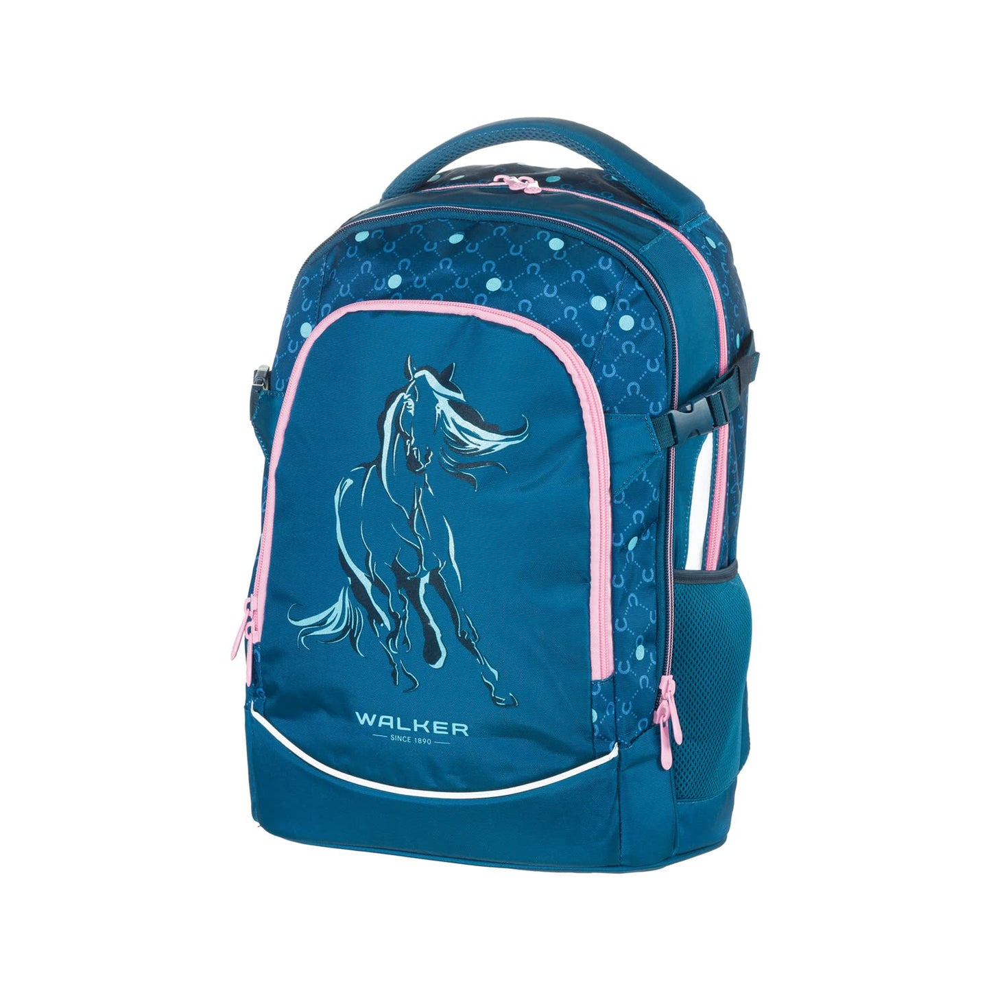 Walker school backpack Fame 2.0 "Lucky Horse" with 2 compartments, front pocket with organizer, side pockets, school bag including back padding, adjustable shoulder and chest straps.