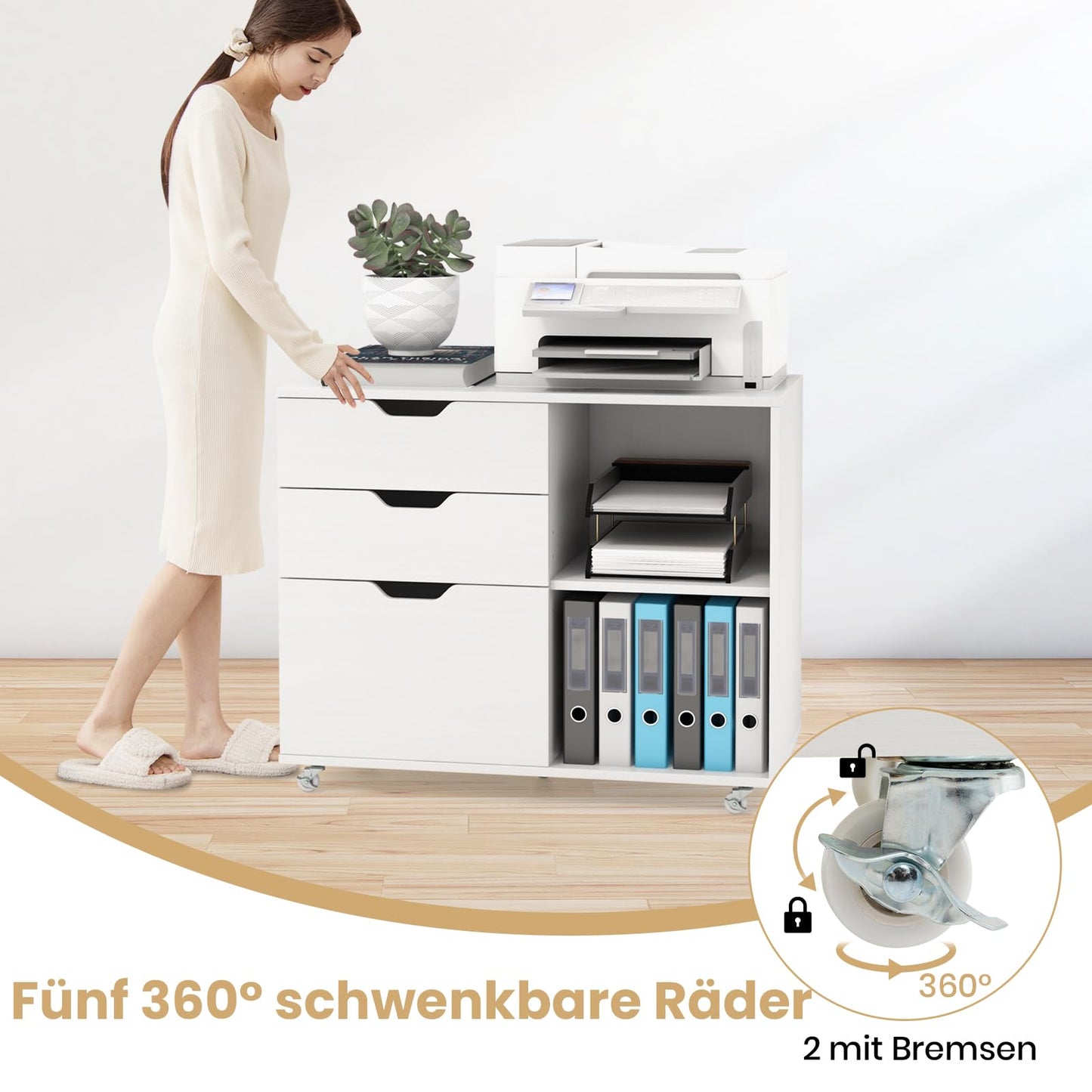 GOPLUS Roll container, mobile filing cabinet with 5 wheels, 3 drawers and 2 open compartments, office cabinet printer stand for documents in A4, letter & legal format (white)