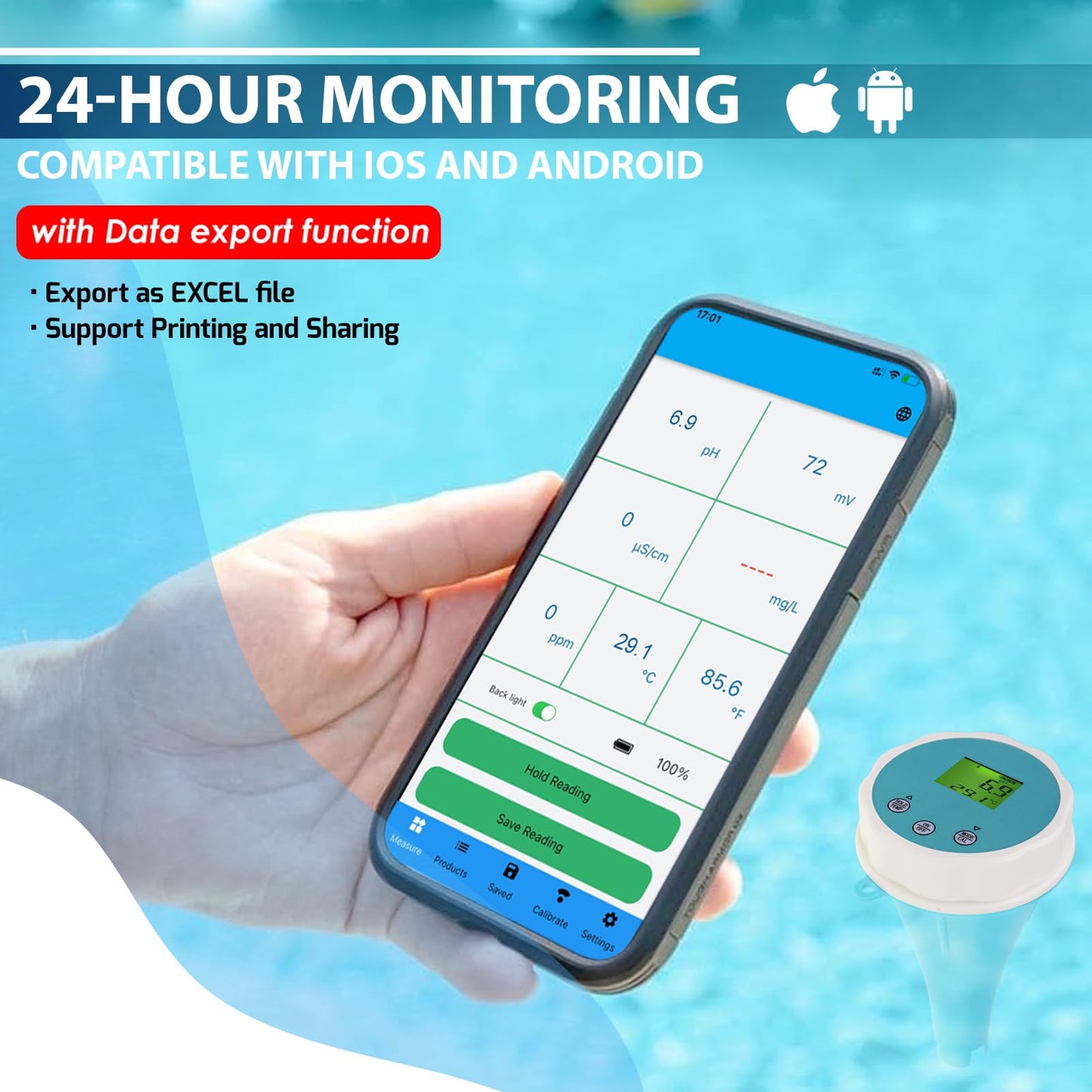 6-in-1 Water Tester with Bluetooth & Data Storage Swimming Pool Water Quality Meter for Chlorine, pH, EC (Conductivity), ORP, Salinity & Temperature, including Smart App for Pool, Hydroponics & Aquariums.