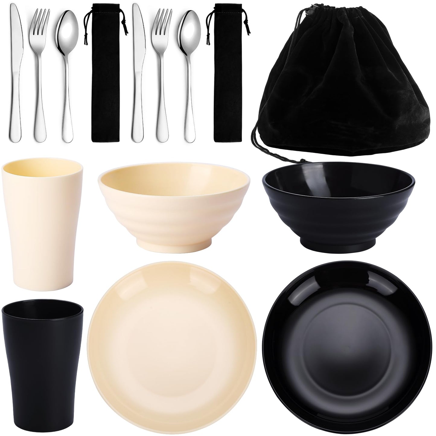 Kyraton Camping Cutlery Set, reusable Lightweight Cup, Bowls, Plates and Stainless Steel Cutlery with black pouch, dishwasher safe.
