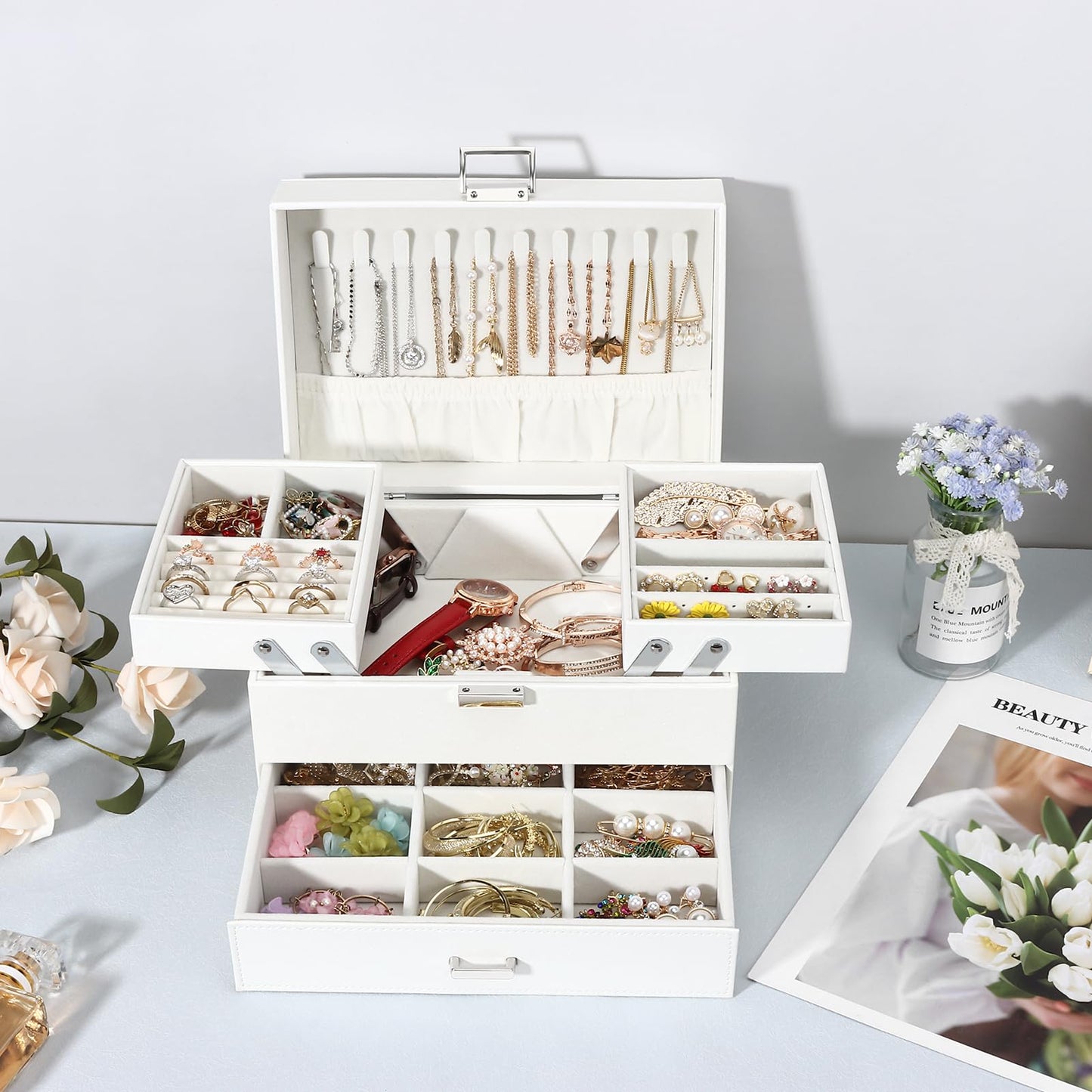 Jewelry box, jewelry case with drawers for women girls, PU leather jewelry box jewelry box jewelry case large jewelry storage for rings earrings bracelets necklaces, white.
