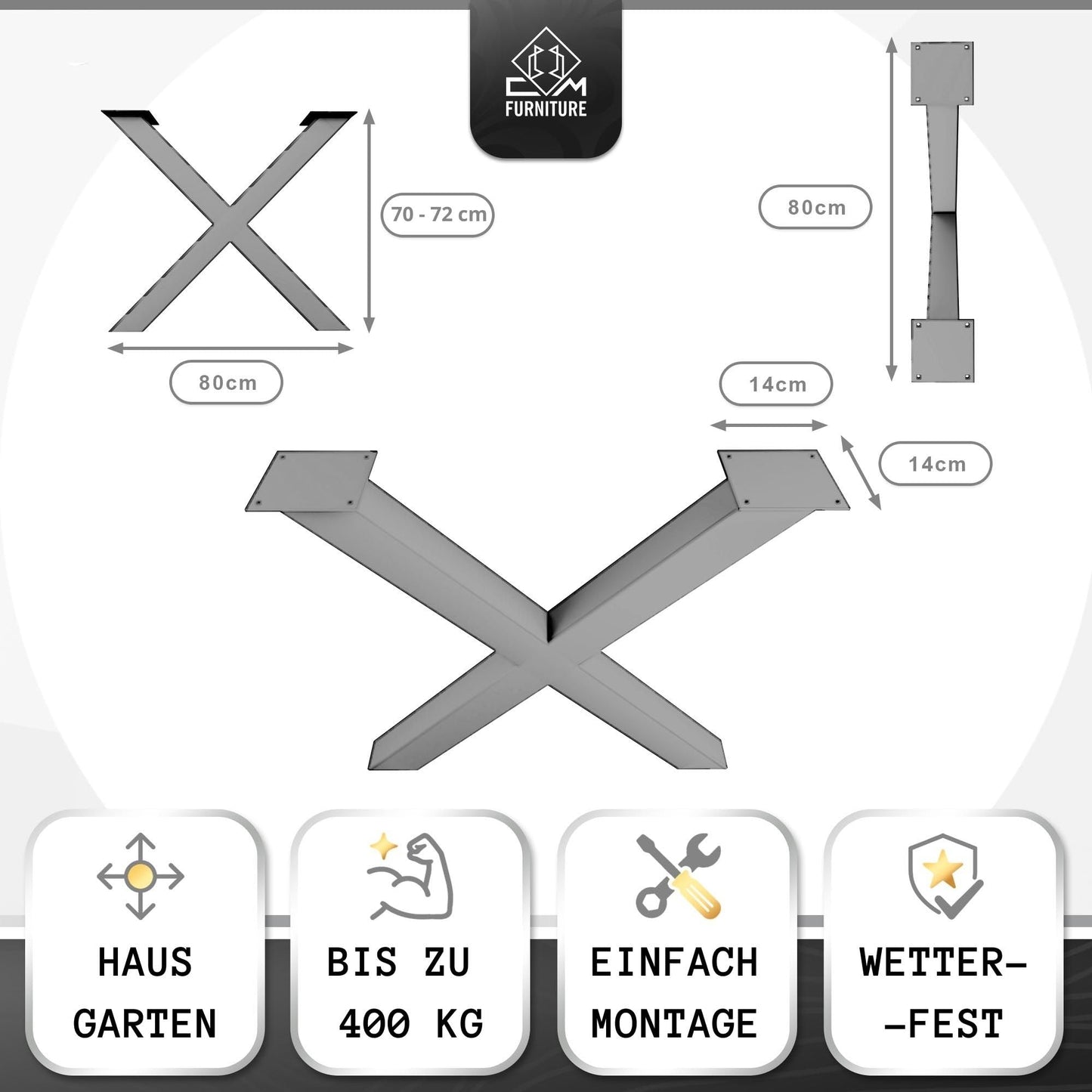 CM Furniture X-Form Table Legs Height Adjustable Metal Anthracite X Outdoor/Home TABLE BASE 80x72 cm Garden Table Desk Dining Table Furniture Legs Table Feet Living Room Anti-Scratch Pads 2 Pieces