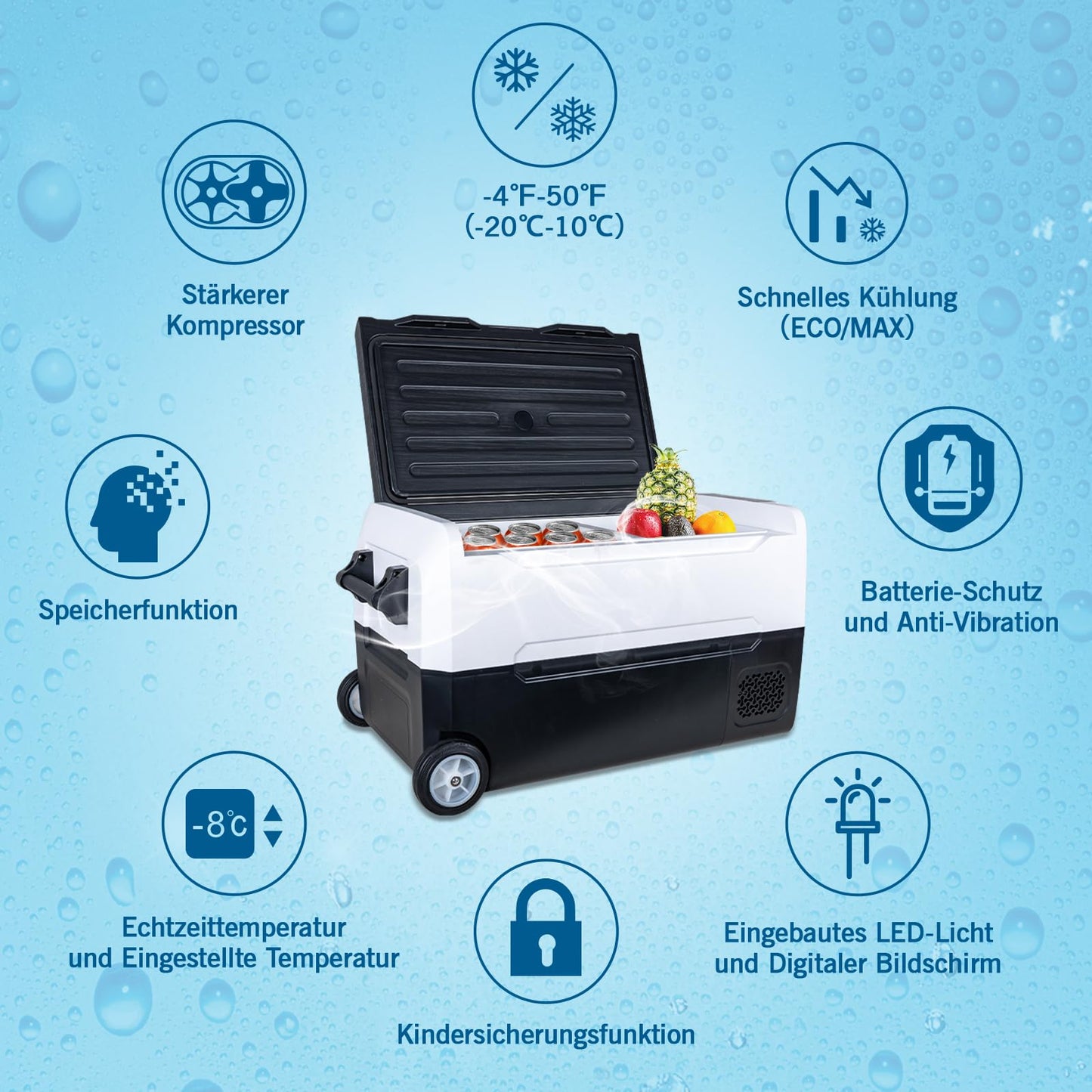 Fullwatt compressor cooler 35L with wheels, freezer with WIFI-APP control, cooling down to -20°C, electric fridge 12V 24V 220V-240V anti-shaking, freezer for camping car, truck, boat.