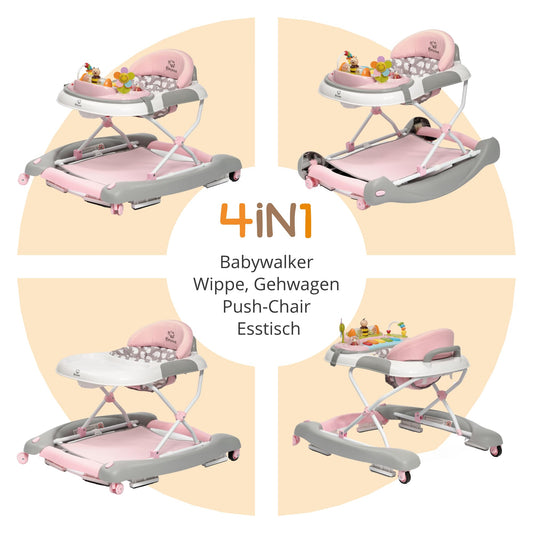 BRONEA® 4-in-1 Baby Walker for ages 6 months and up | Walker with rocking function and musical play panel | Adjustable height, foldable design | Features quiet wheels and brakes for safety