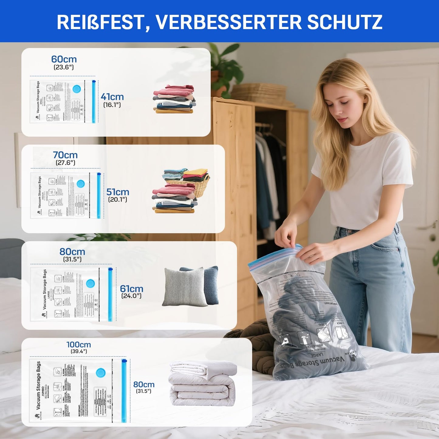 Vacuum bags for clothing comforters 12 pieces, CaptainFive Vacuum Storage Bags 3 sizes (4 * 100x80cm + 4 * 80x61cm + 4 * 60x41cm) Vacuum Compression Bags Storage Bags Travel with Vacuum Cleaner Hand Pump