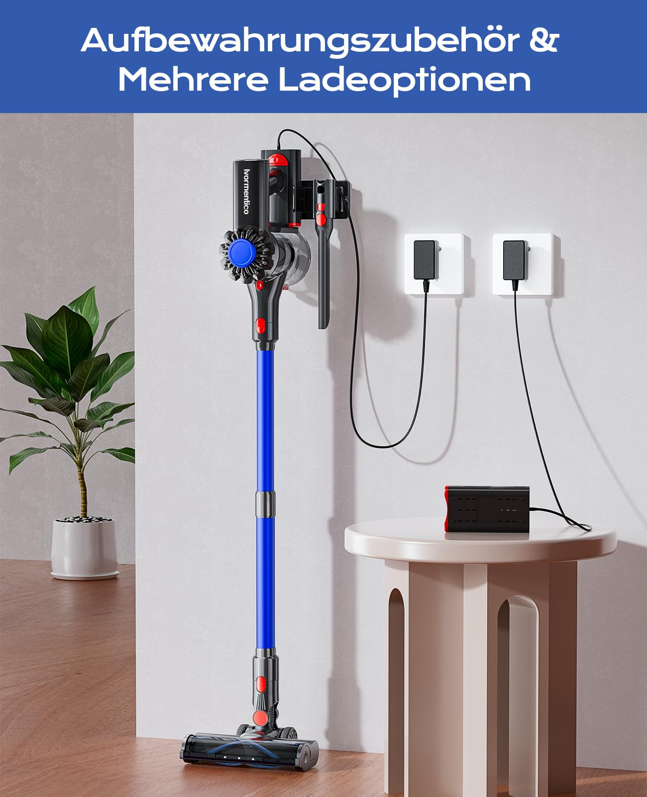 Ivormentico Cordless Vacuum Cleaner 50Mins/40KPA/450W, Battery-Operated Vacuum with Green LED, Cordless Hoover with Upgraded Floor Brush, Vacuum Cleaner Battery for Pet Hair, Blue