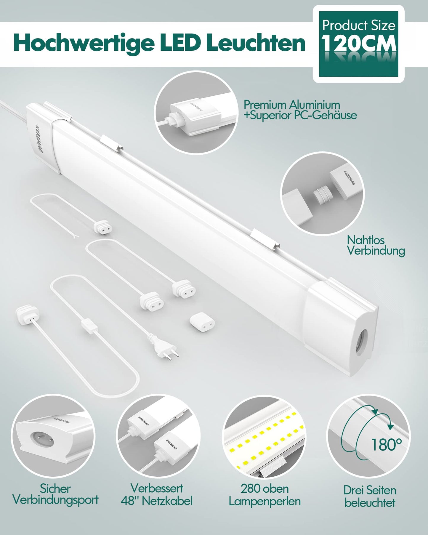 Moisture-proof LED light with plug 36W 4000LM 120CM Linkable Workshop lamp IP66 Waterproof Led tube light for garage cellar workshop Moisture-proof bathroom office warehouse hobby room, Neutral white 4000K.