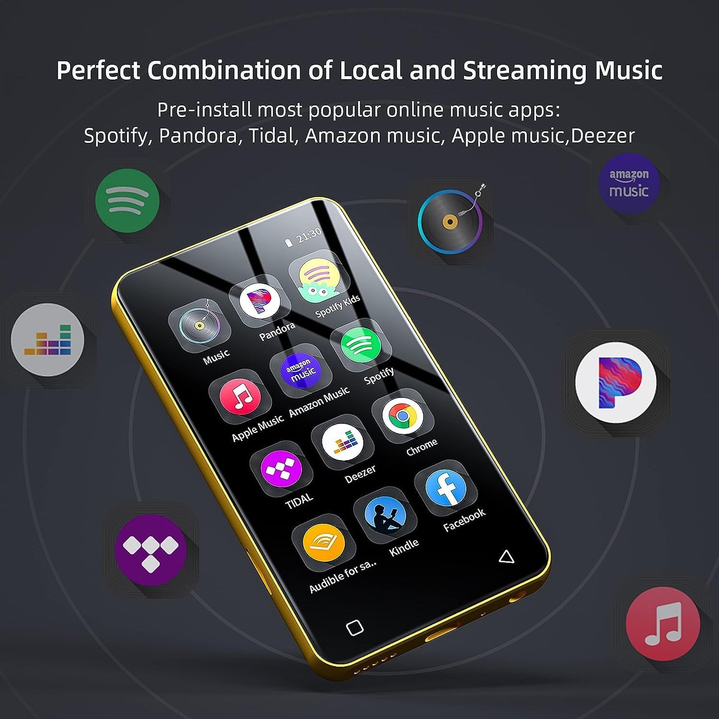 Innoasis MP3 player with Bluetooth and Wi-Fi, full touchscreen, 10.2 cm, MP4 player, MP3 player with Spotify, HiFi sound, portable digital audio player with speaker (Gold/Black)