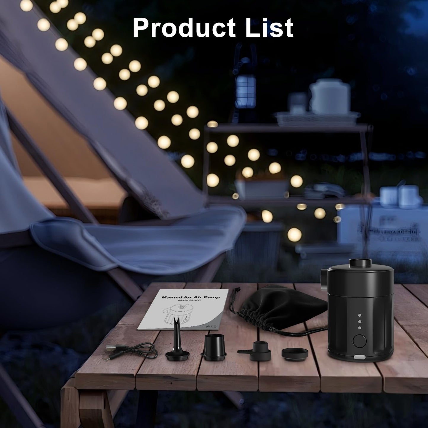 Mojimdo Portable Electric Air Pump, 5000 Pa Pump Battery, 450L/Min, Compact Air Pump with 4 Nozzles, for Camping, Air Mattress, Swim Ring, Air Cushion, Inflatable Boat, Vacuum Bag.