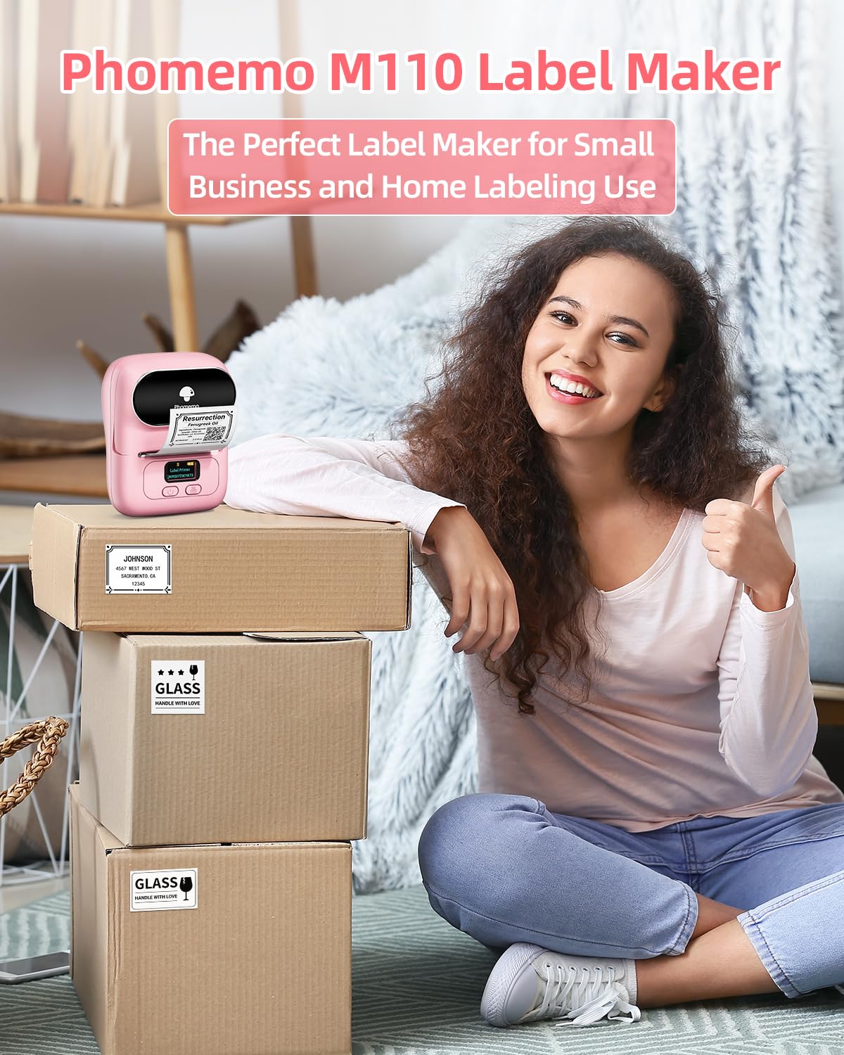 Phomemo M110 Portable Label Printer Labeling Machine Self-Adhesive, Label Printer Bluetooth Thermal Label Printer Label Maker, for Barcode, Retail, Photo, Clothing, for Android & iOS - Pink