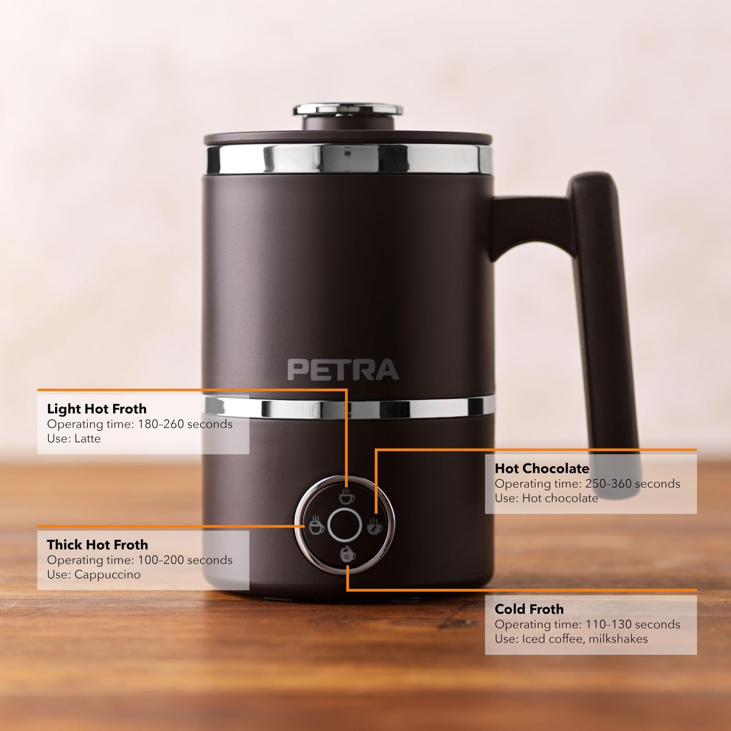 Petra PT5133VDEEU10 Chocolisse hot chocolate machine with whisk, 300ml/150ml milk frother, cold function for iced coffee, hot/cold, light/thick foam, touch control panel, Black