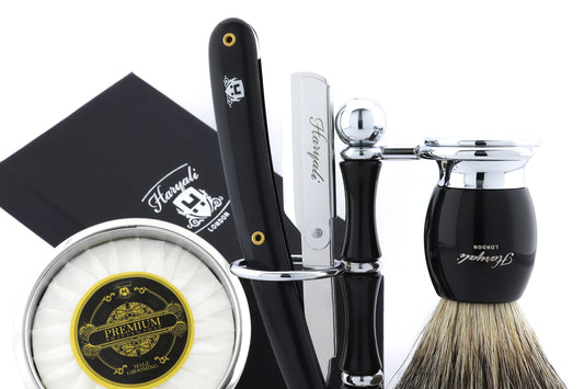 Haryali London Straight Razor Set - Vegan Shaving Brush - Straight Razor - Strop, Polishing Paste, Nose Hair Scissors - 5-piece Wooden Shaving Brush Set including Gift Box