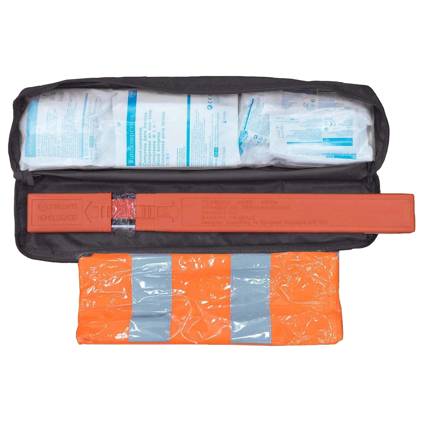 PETEX combination bag PLUS content according to DIN 13164:2022 with reflective vest and warning triangle, black