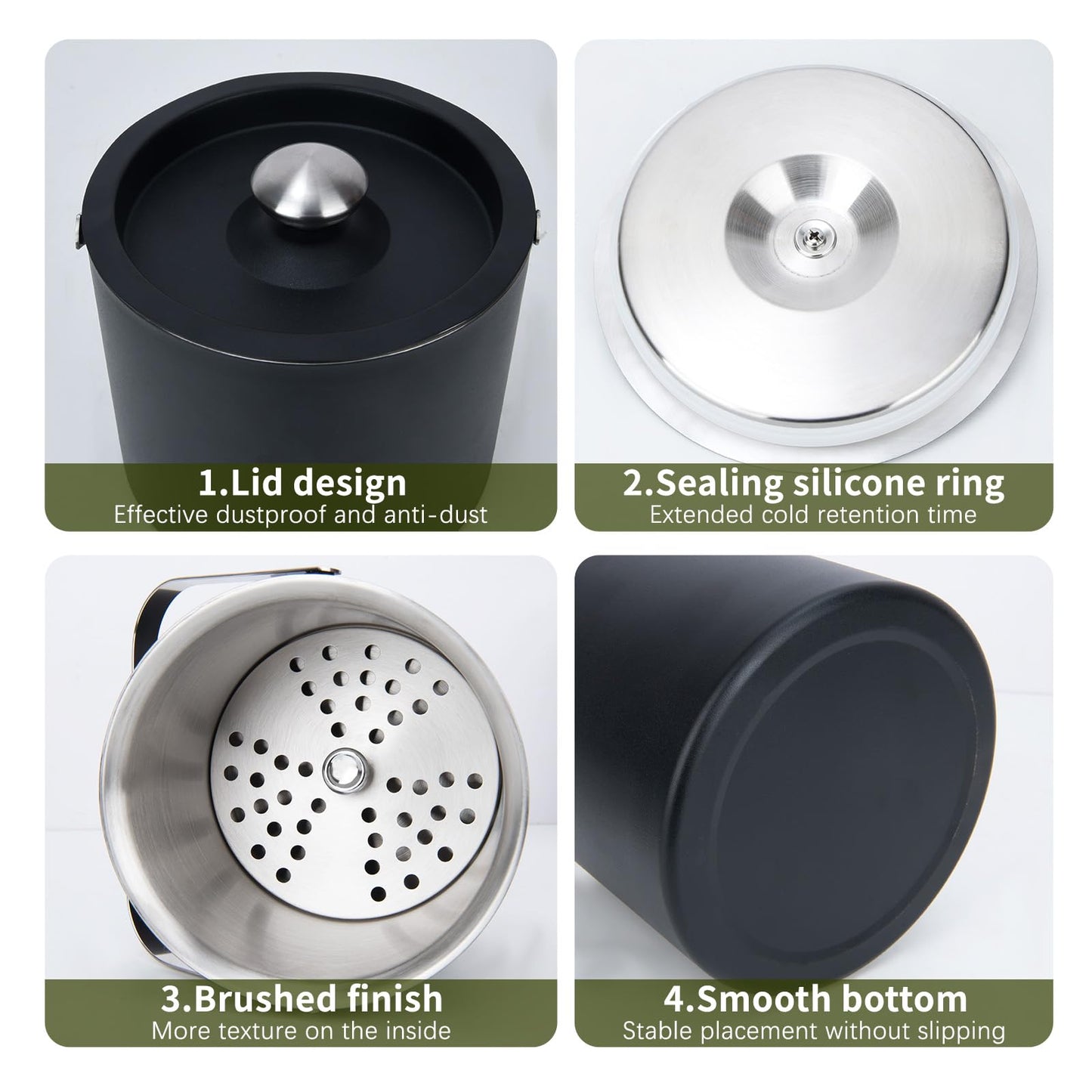 3L Modern insulated ice bucket with silicone lid,stainless steel ice cube container,double-walled stainless steel ice bucket,ice container for ice cubes ice bucket with strainer tongs,ice cooler for beer,champagne,wine