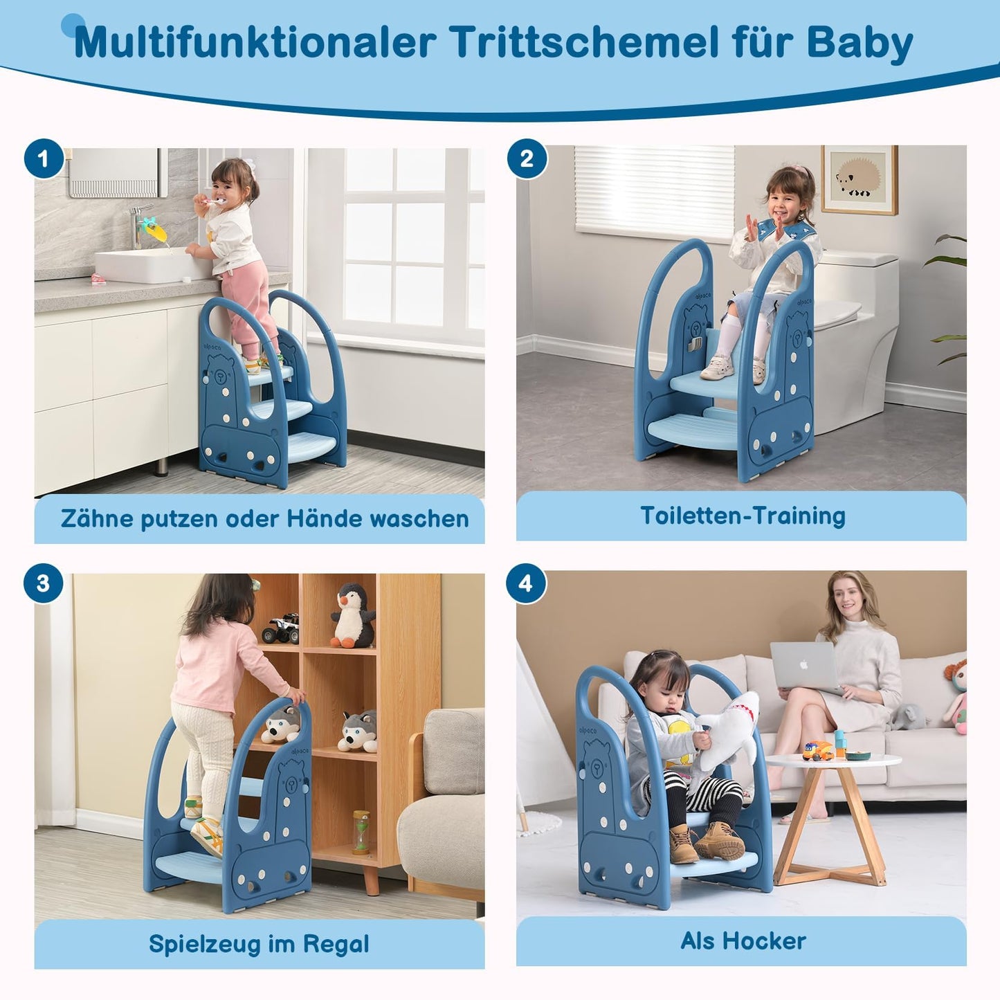 Onasti step stool for kids, Three-step height adjustable toddler stool for baby, Comfortable handrail, Multifunctional, Anti-slip, Suitable for approx. 1.5 to 6 years old - (Blue)