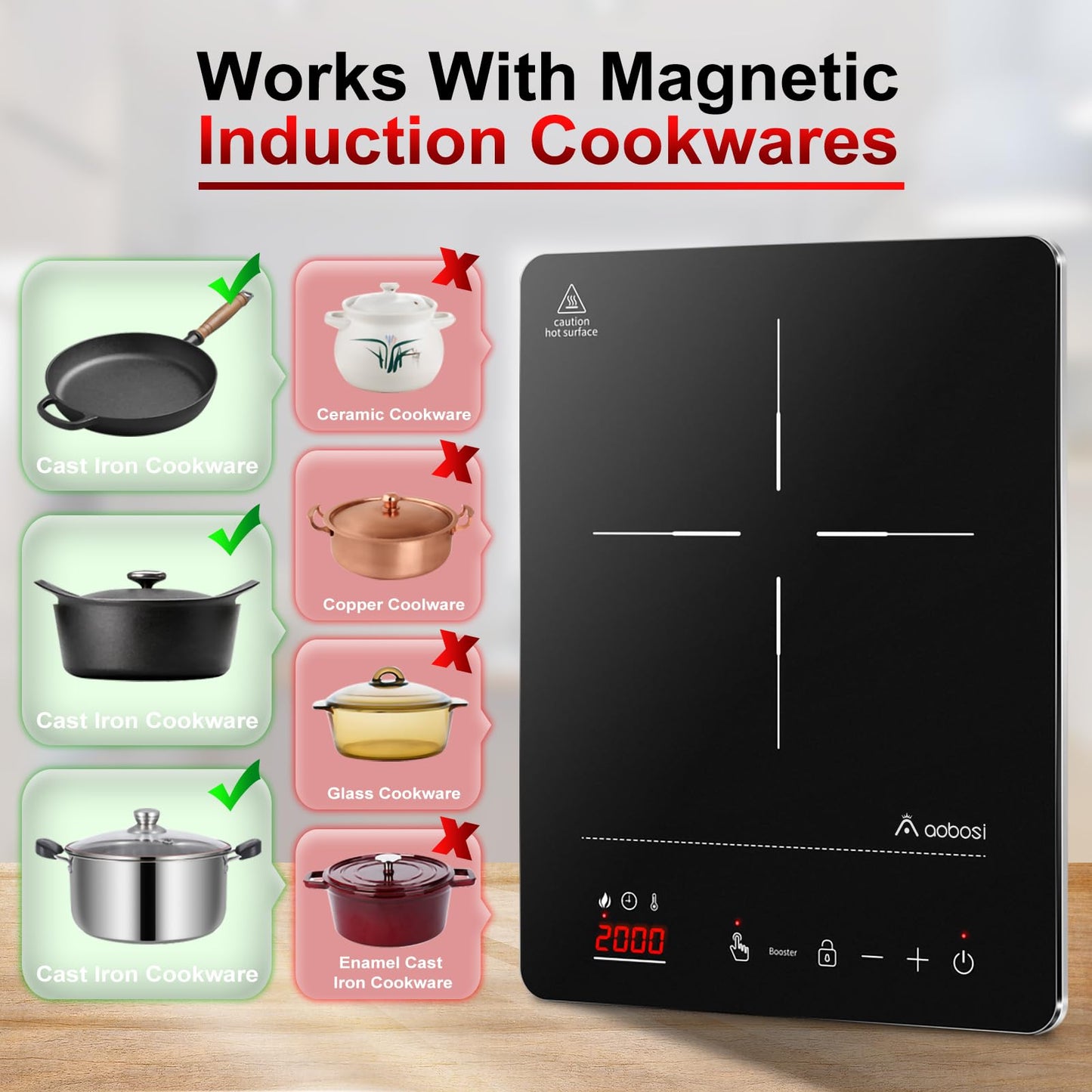 Aobosi Induction Cooktop, Induction Hob 1 Plate, 20 Power Levels and 20 Temperature Levels, 2000W Portable Induction Cooktop, LED Display, 10H Timer, Booster Function, Silver