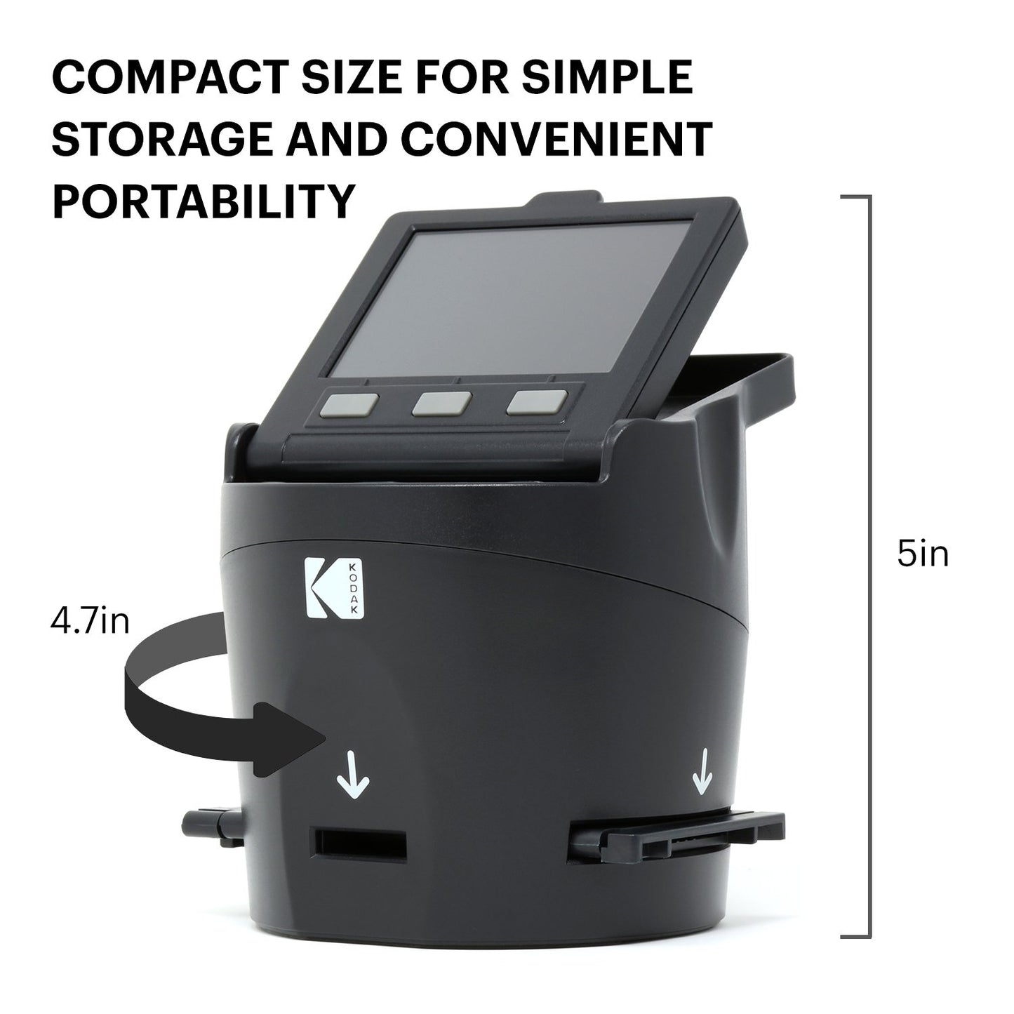 KODAK Digital Film Scanner converts negatives and film slides in 35mm, 126, 110, Super 8, and 8mm to JPEG. Features large tiltable 3.5-inch LCD display and EasyLoad films. RODFS35 Black.