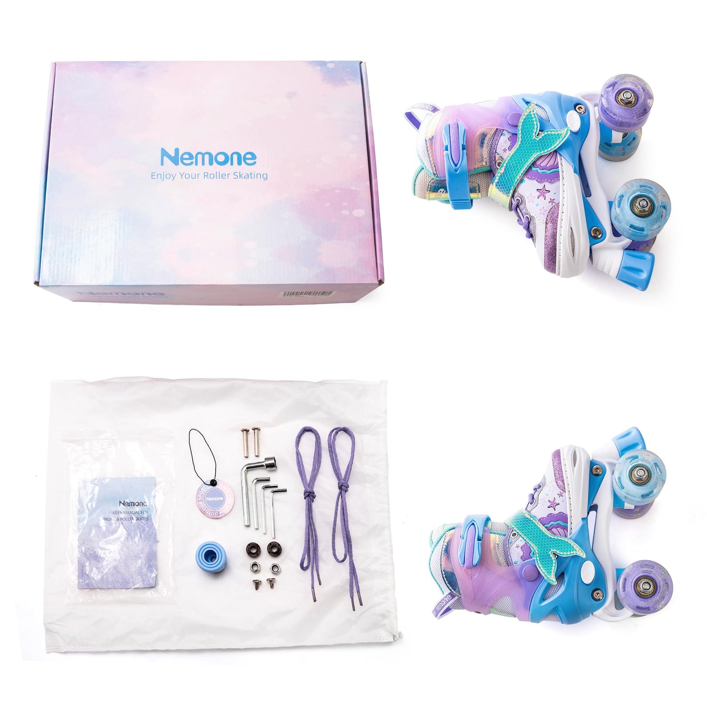 NEMONE roller skates for girls children 4 sizes adjustable blue purple roller skates for kids indoors outdoors girls children