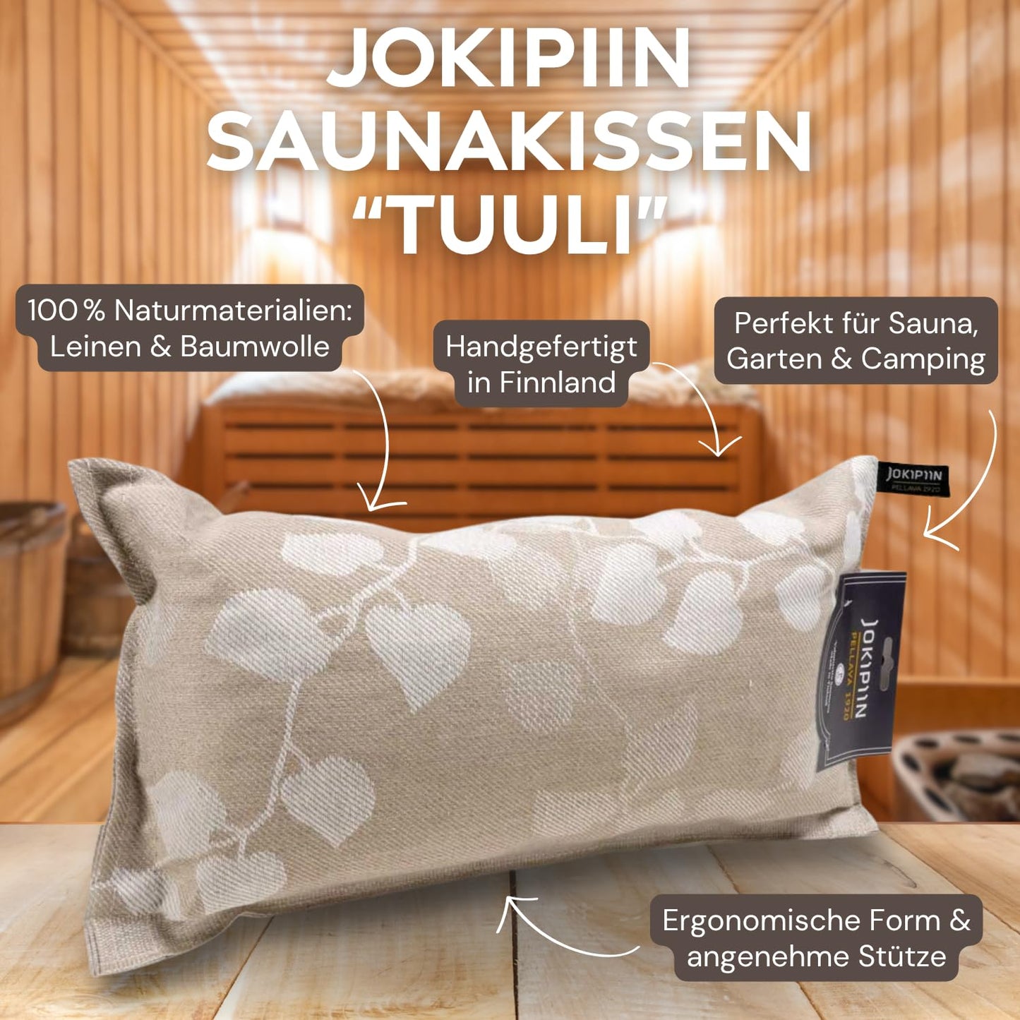 Jokipiin Premium Sauna Pillow Tuuli 40x22 cm - 100% Made in Finland - Linen & Cotton - Ökotex Certified - Wellness Headrest & Neck Pillow for Sauna Spa & Relaxation