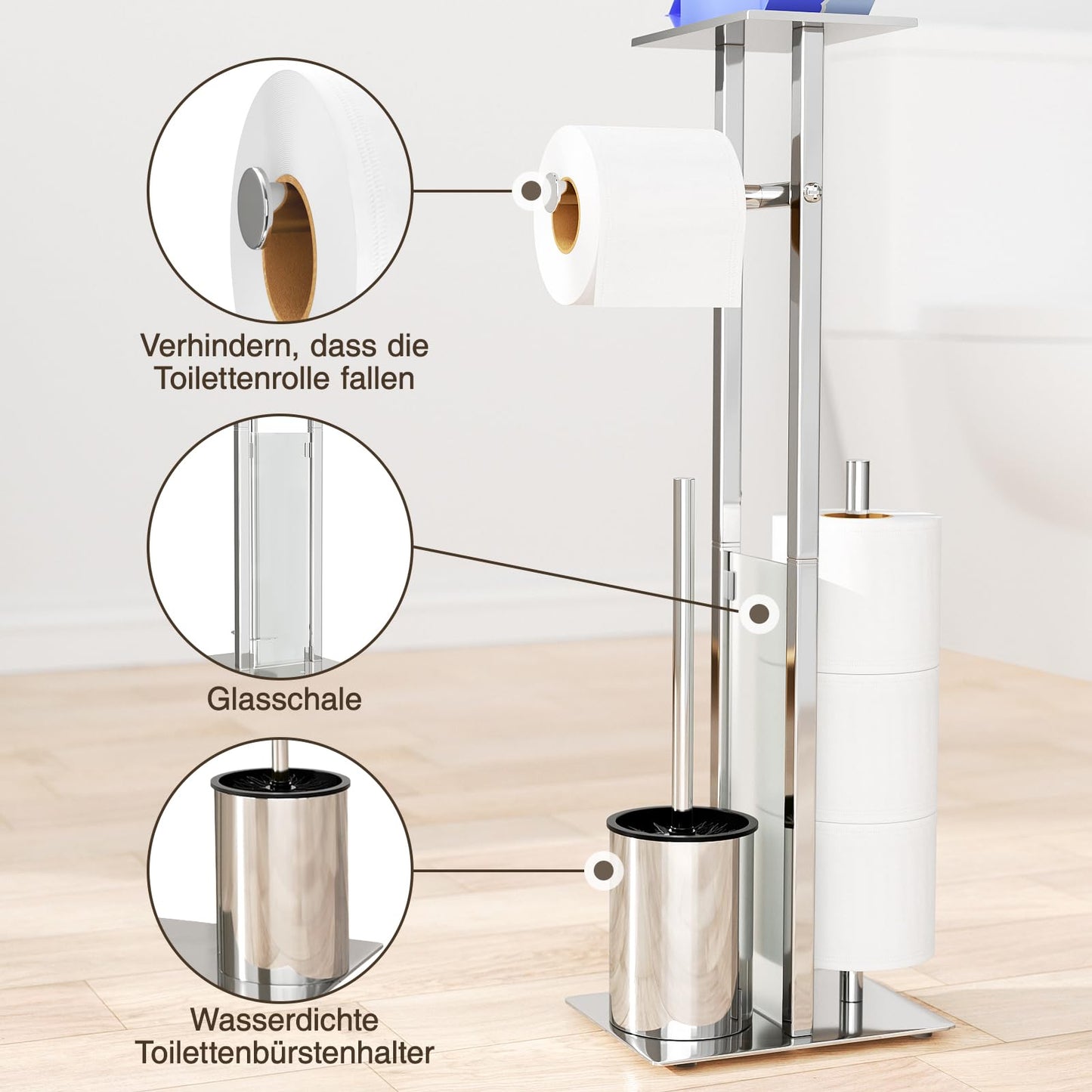 Stainless Steel Freestanding Toilet Paper Holder with Toilet Brush - Toilet Paper Holder with Tray, Toilet Paper Holder with Toilet Brush, Toilet Roll Holder with Glass Shelf (Silver)