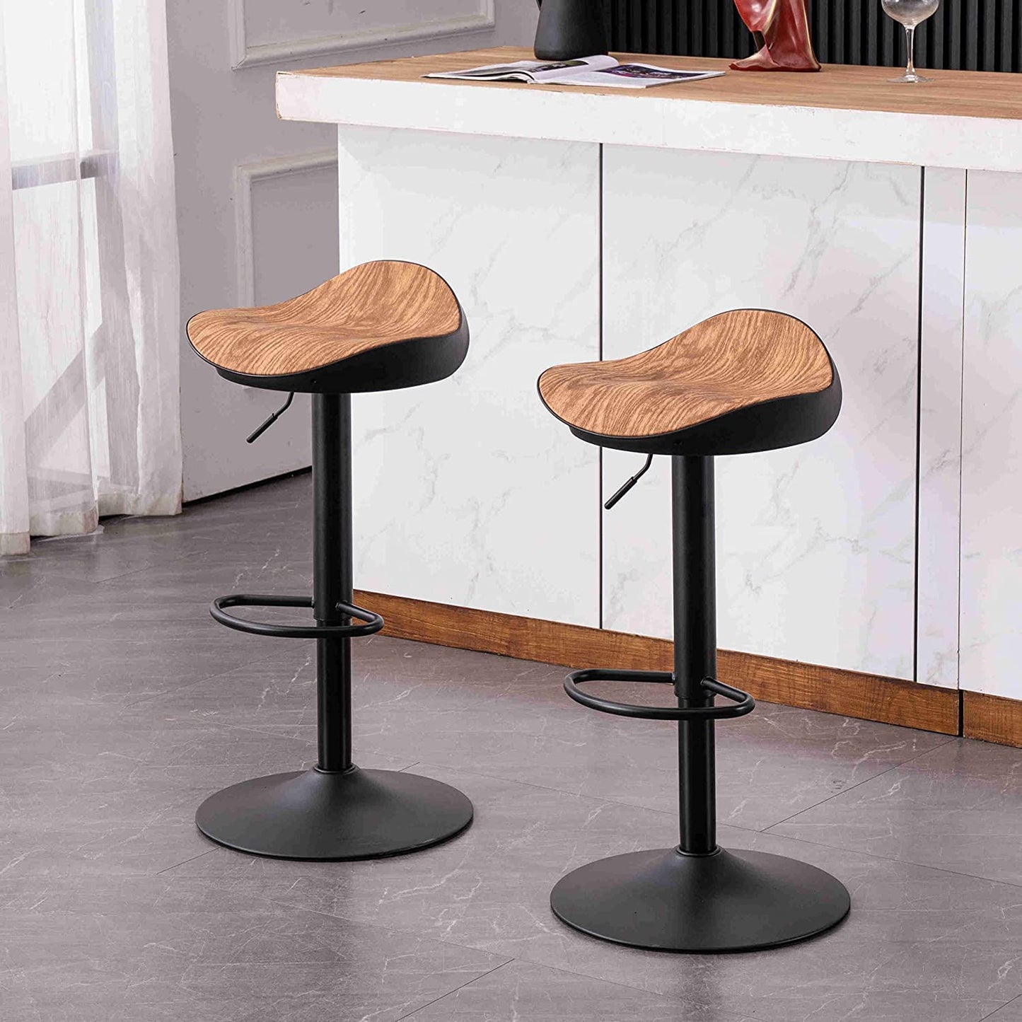 Kidol & Shellder Bar Stool Set of 2 360° Swivel and Height Adjustable Modern Kitchen Counter Hydraulic Armless Wood Grain...