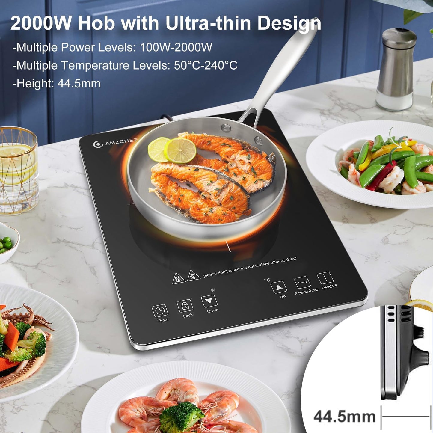 Induction cooktop 1 burner, AMZCHEF induction hot plate with ultra-thin design, 20 temperature levels and 20 power settings, 2000W induction cooktop with 3-hour timer, safety lock.