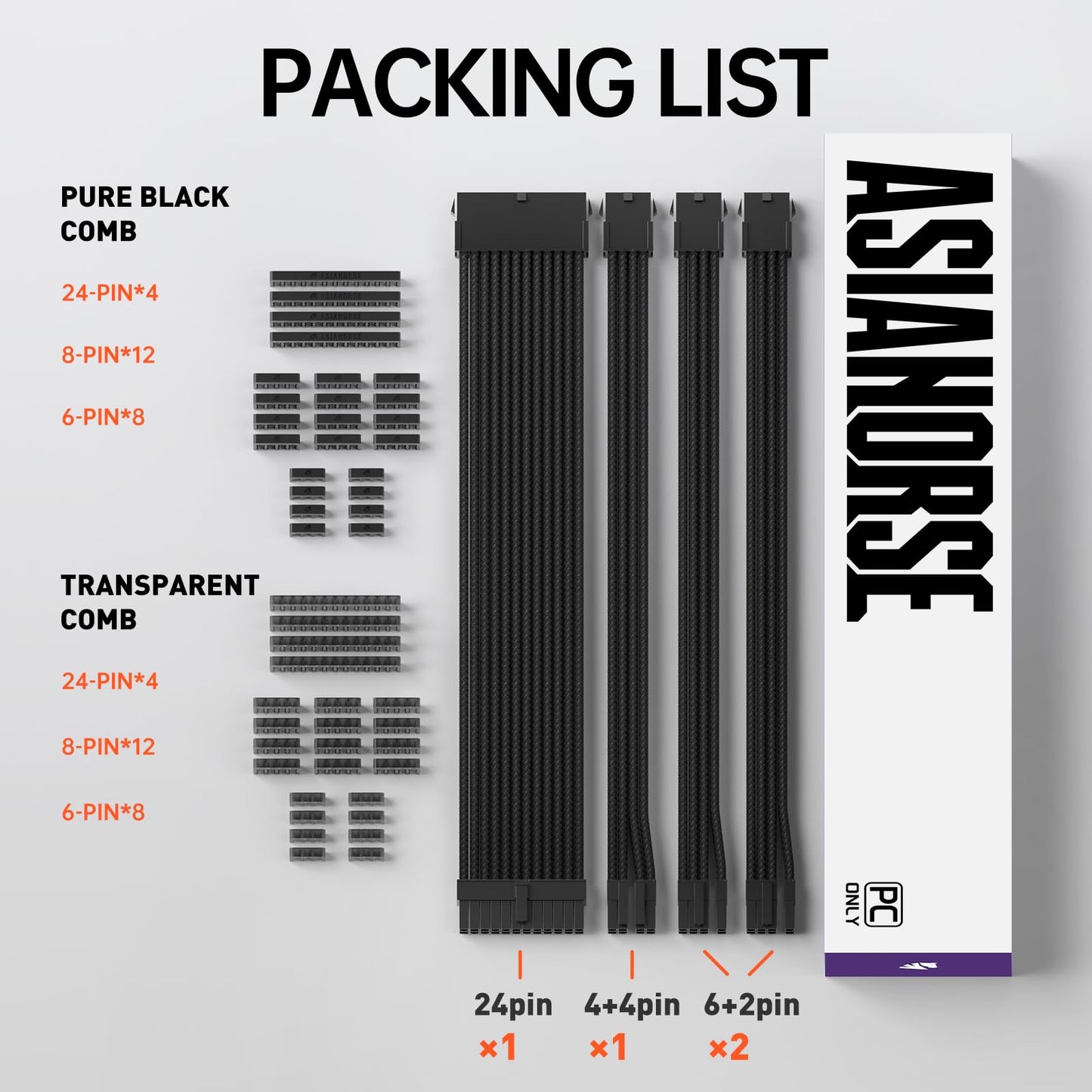 AsiaHorse PSU Cable Extension, PC Sleeved Cable Kit for GPU/CPU, 16AWG Power Supply Cable Extensions with Cable Combs, 24PIN/(6+2)PIN/(4+4)PIN Cable Management, 30CM, Black.