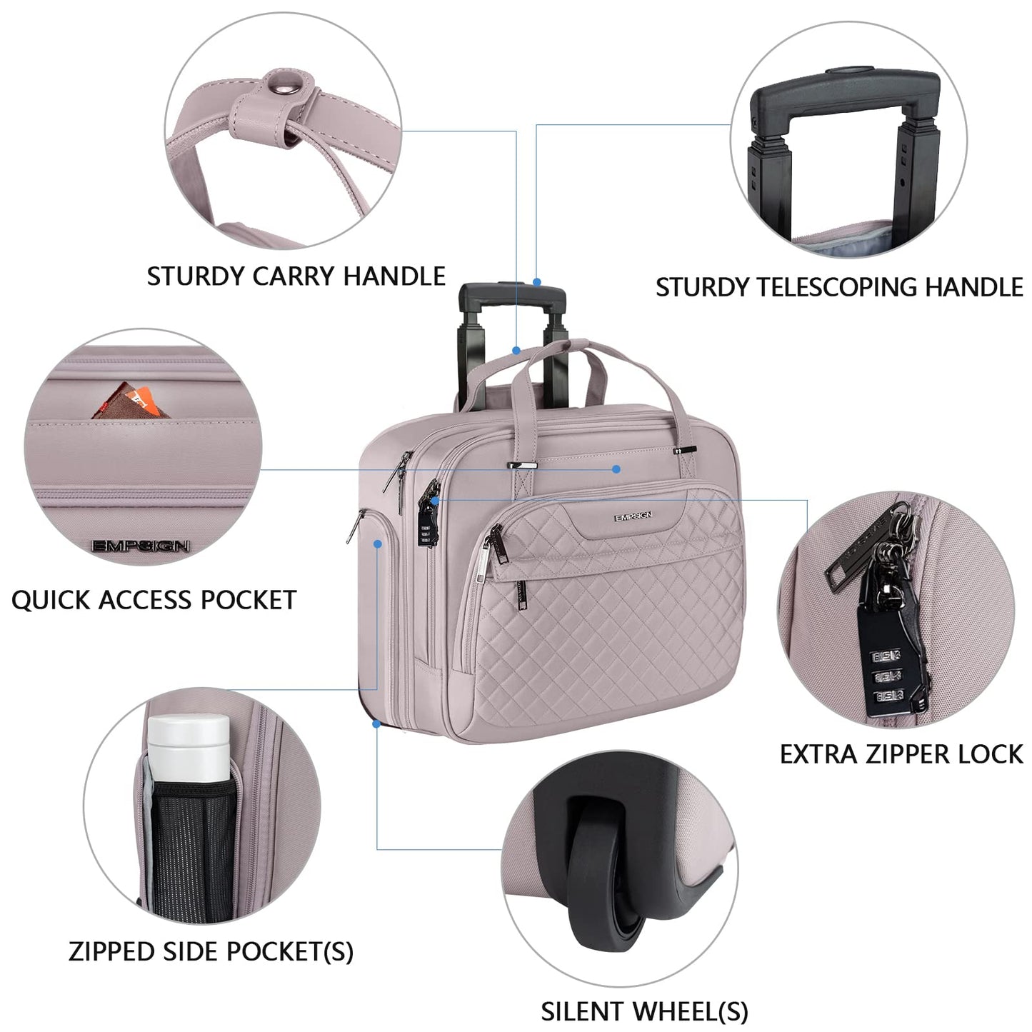 EMPSIGN Trolley Business Rolling Laptop with wheels, Rolling laptop bag for women fits up to 15.6-inch laptop briefcase on wheels, Water-resistant, with RFID pockets, Pink