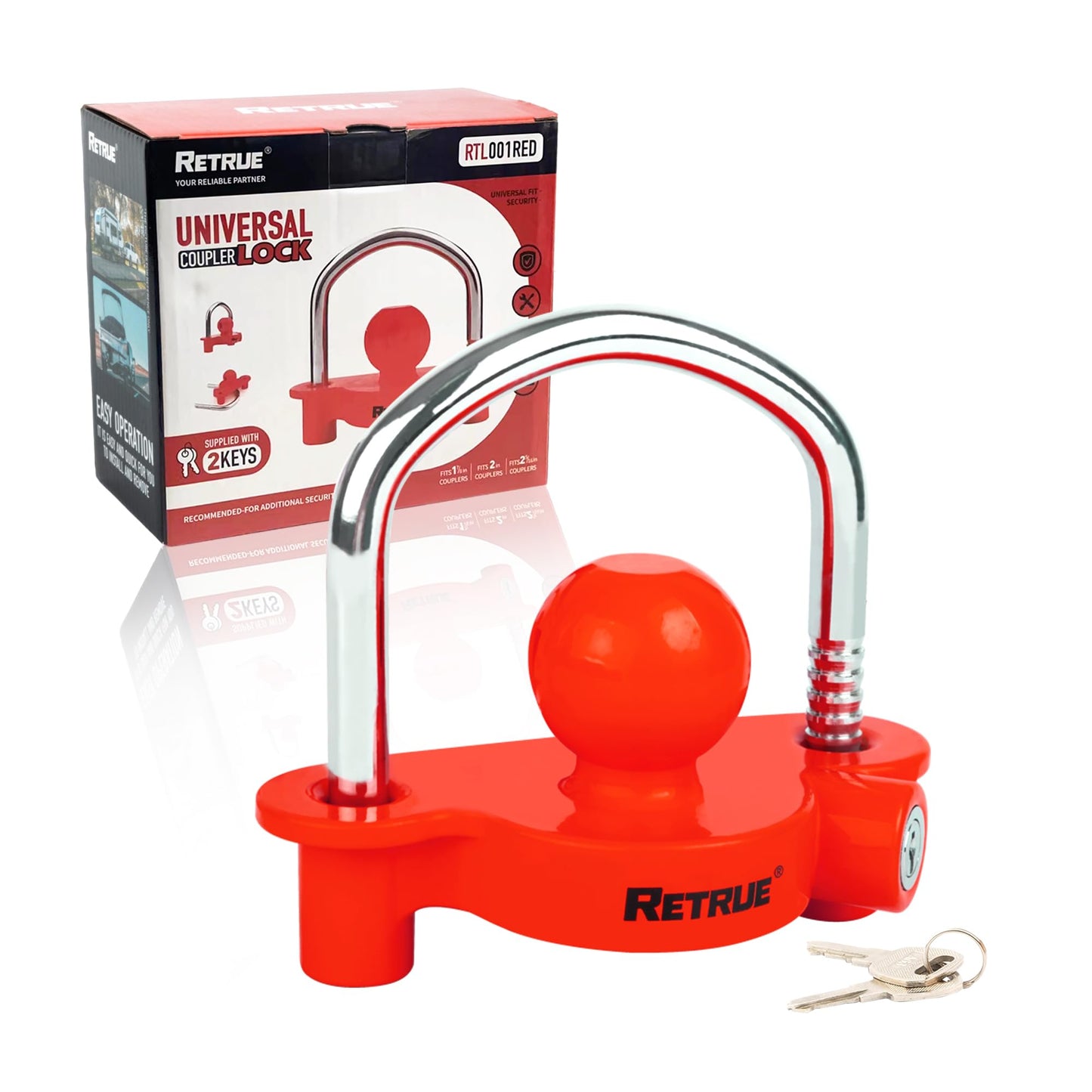 RETRUE Trailer hitch lock, theft protection for common trailer couplings, trailer ball lock coupling lock. Trailer security lock with 2 keys, red.