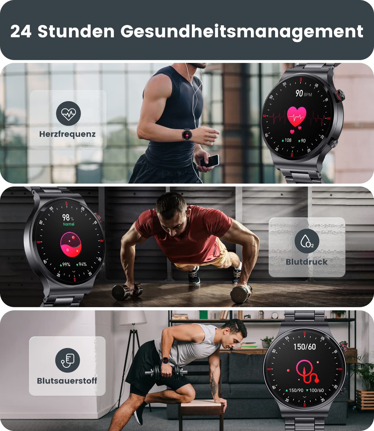 Men's smartwatch with phone function, 1.39 inch smart watch with heart rate sleep monitor SpO2 notification 100+ sports modes, IP67 waterproof fitness tracker calorie step counter Android iOS black