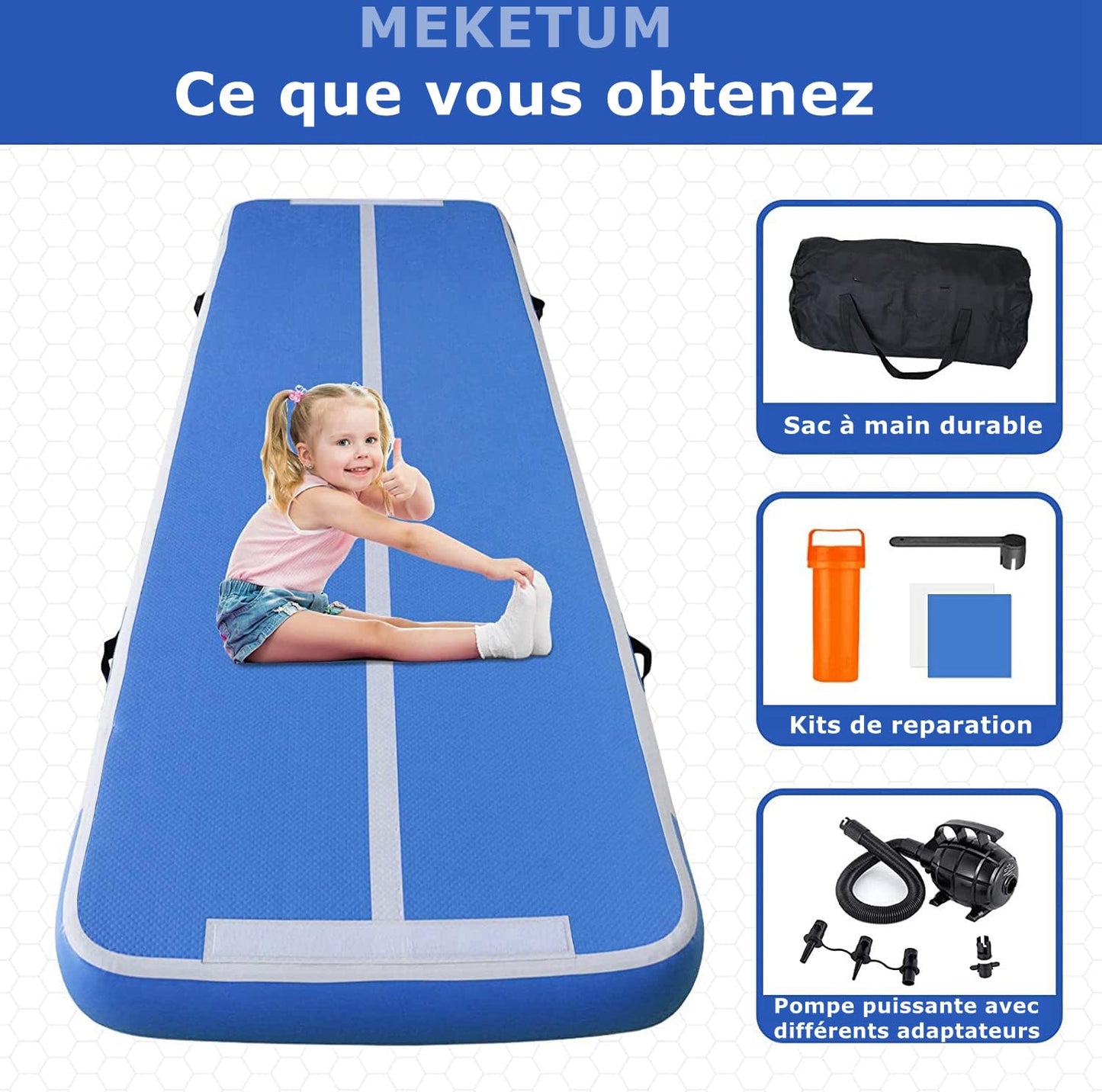 MEKETUM Air Tracking Mat Gymnastics Tumbling Mat 3m 4m 5m 6m Inflatable Gymnastics Sport Tumbling Mats 10/20cm high (Blue, 4m10)