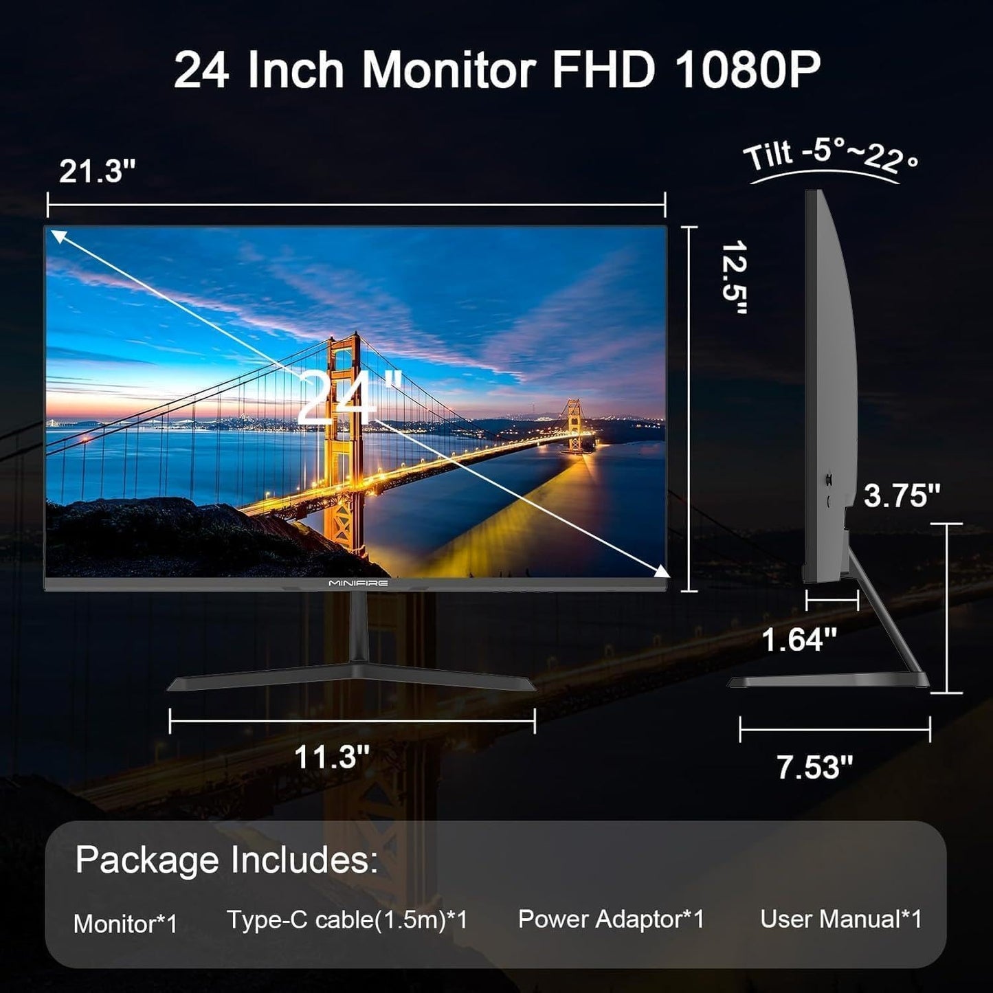 Minifire 24 inch monitor, 100Hz, Full HD (1980x1080p), 5ms (OD), Adaptive-Sync, sRGB110%, Eye-Care, VESA, PC screen with HDMI USB-C ports - MF24X3AL