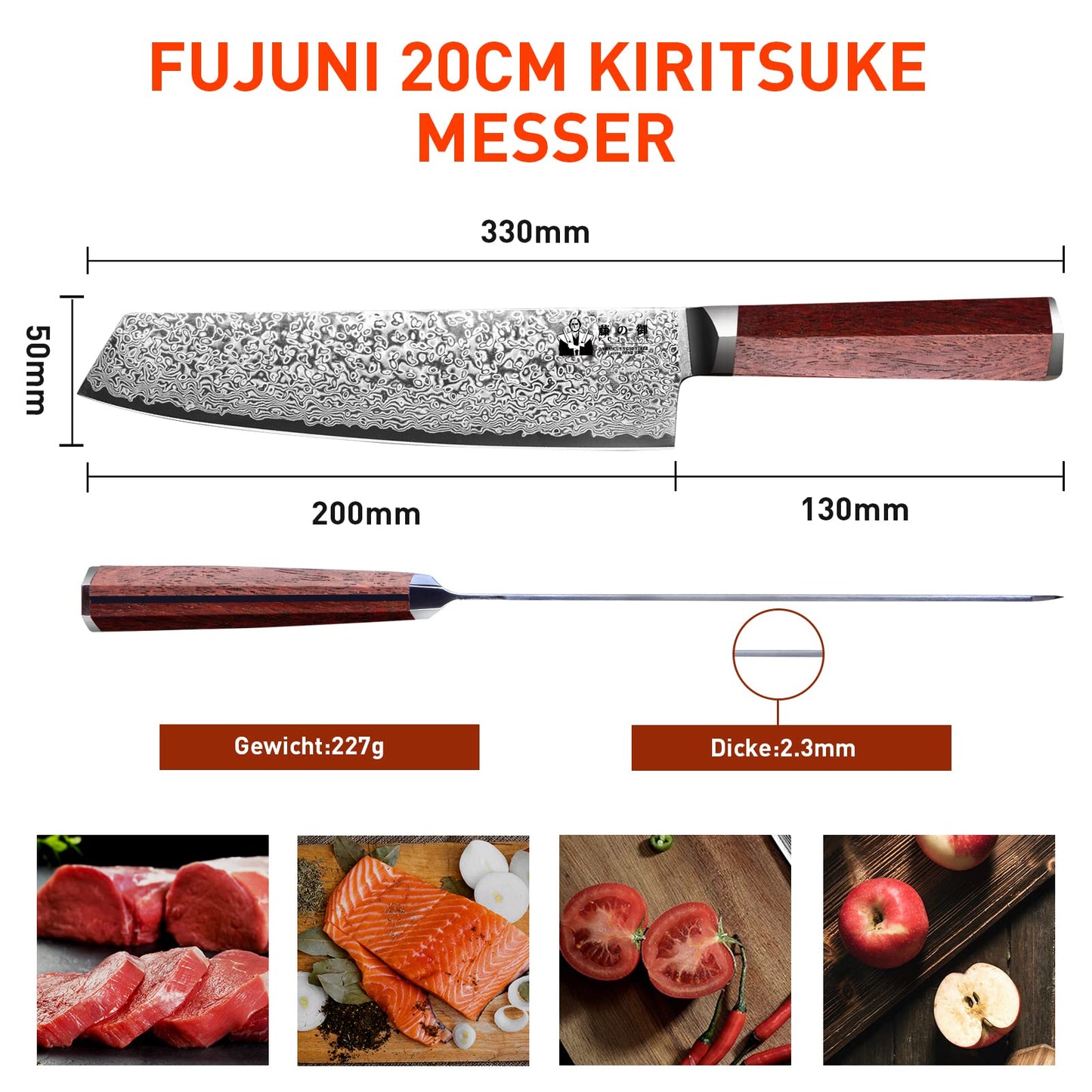 FUJUNI Damascus Knife Kiritsuke Professional Chef's Knife with Extremely Sharp 20 cm Blade Made of 67 Layers Vg-10 Damascus Steel Kitchen Knife, Wood Handle, Gift Box.