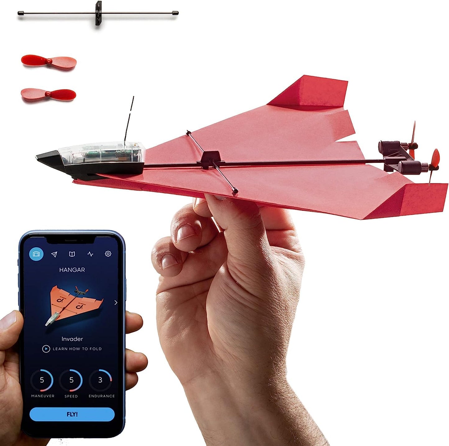 POWERUP 4.0. Smartphone-controlled paper airplane set of the next generation. Easy to use with autopilot function and integrated gyroscope. For all hobbyist flyers and enthusiastic pilots.