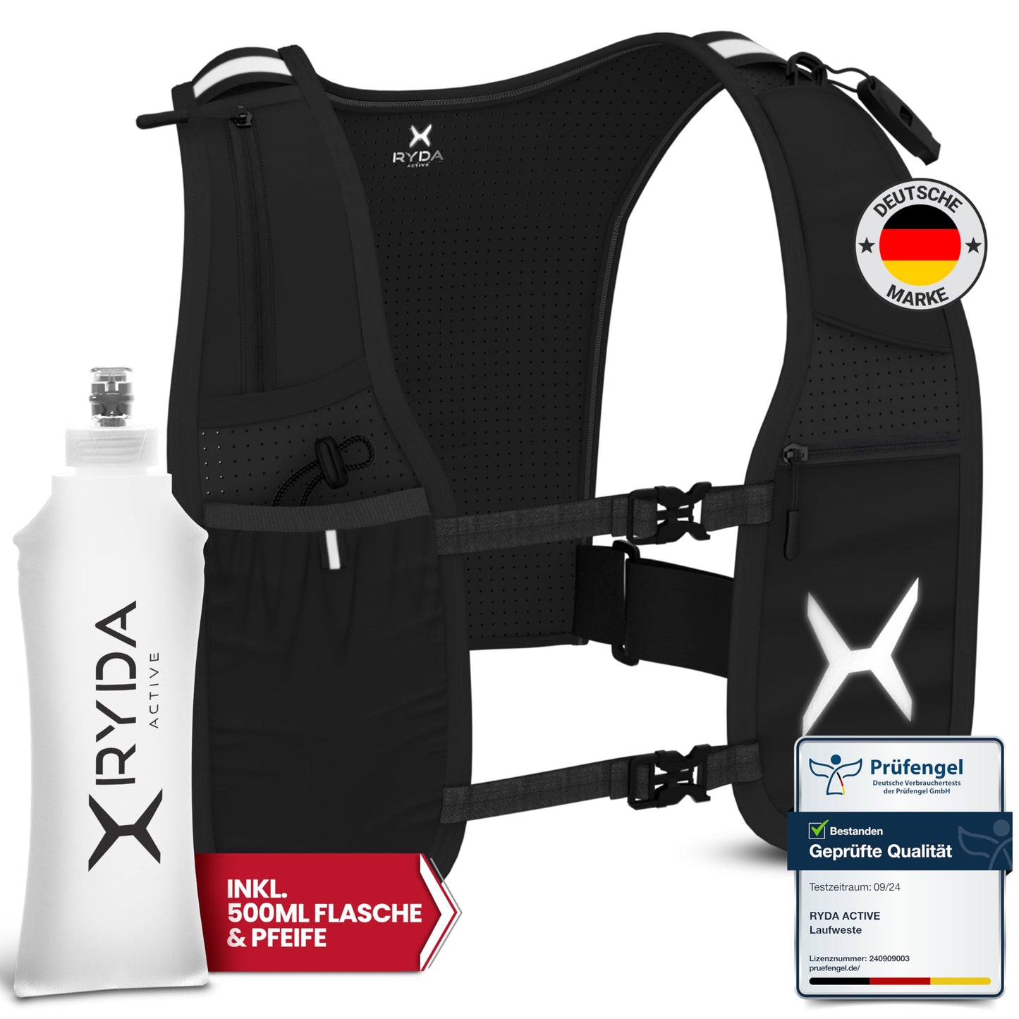 RYDA ACTIVE® running vest for women & men | Ultralight, reflective & universally adjustable | with water bottle & safety label | perfect for jogging, running, trail, marathon & hiking