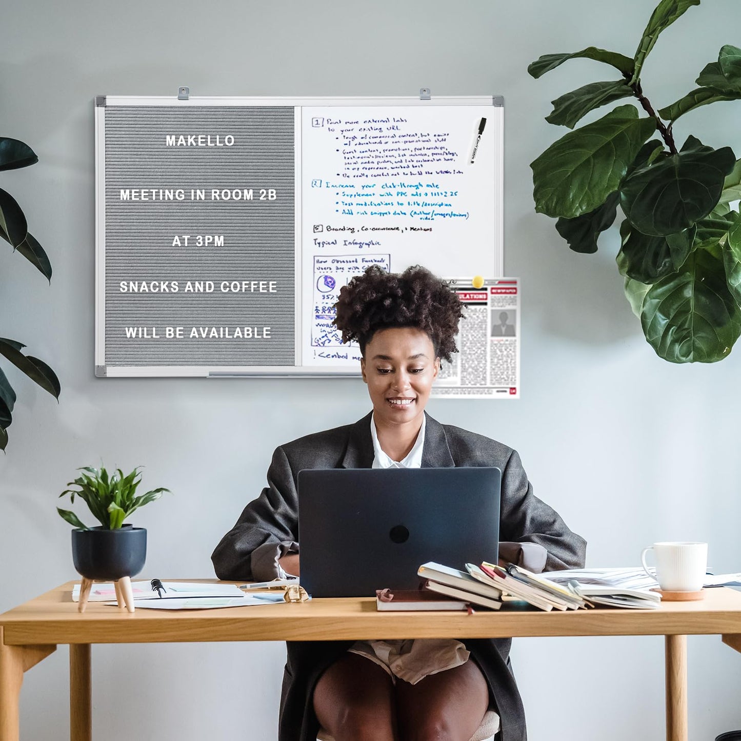 MAKELLO Magnetic Whiteboard with Pinboard - Felt Letter Board 60x45 cm, Memo Board for Kitchen, Home, and Office - includes Marker, Pins, Letters, Magnets
