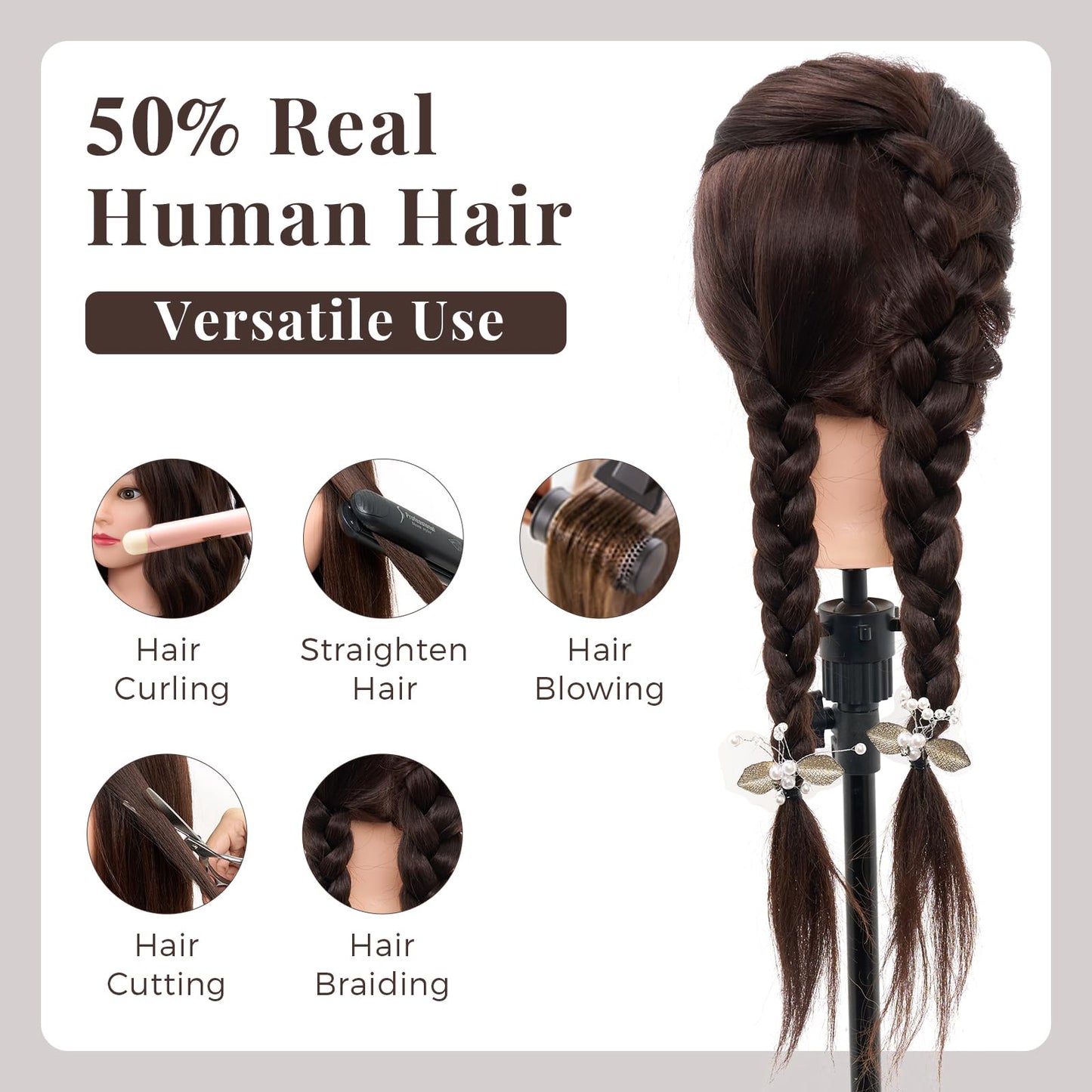 Neverland Practice Head Mannequin Head 22 inches 50% Real Hair Cosmetology Mannequin Head Practice for Hairdressers Cutting & Styling with Clamp + DIY Braid Set