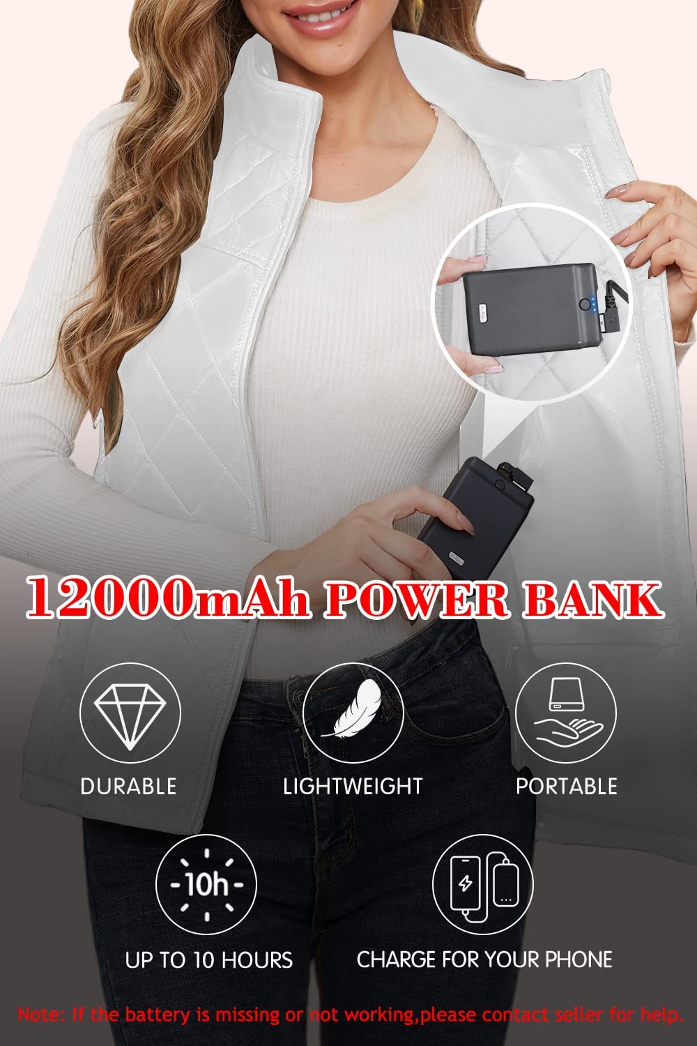 Kintiwe Heated Vest, Women's Heated Vest with 12000mAh Powerbank, Heated Jacket with 5 heating zones (DE/NL/SE/PL, Alphanumeric, S, Regular, Regular, White)