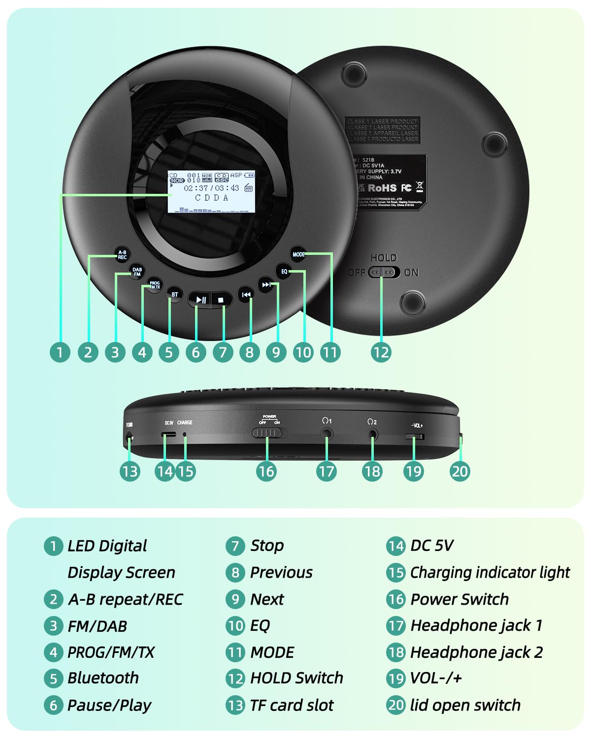 Arafuna Portable CD Player with DAB+/FM Radio, CD Player Bluetooth with Audiobook function, Discman for car, Anti-shock, built-in 2000mAH battery.