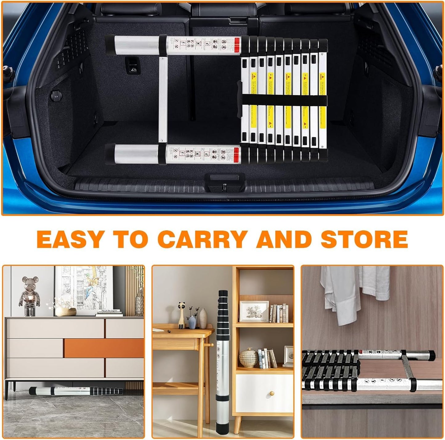 14.5FT portable multipurpose aluminum telescoping ladder, 4.4M retractable foldable ladder extension climbing stable ladder, 330lbs max load, step ladder with non-slip rubber feet.